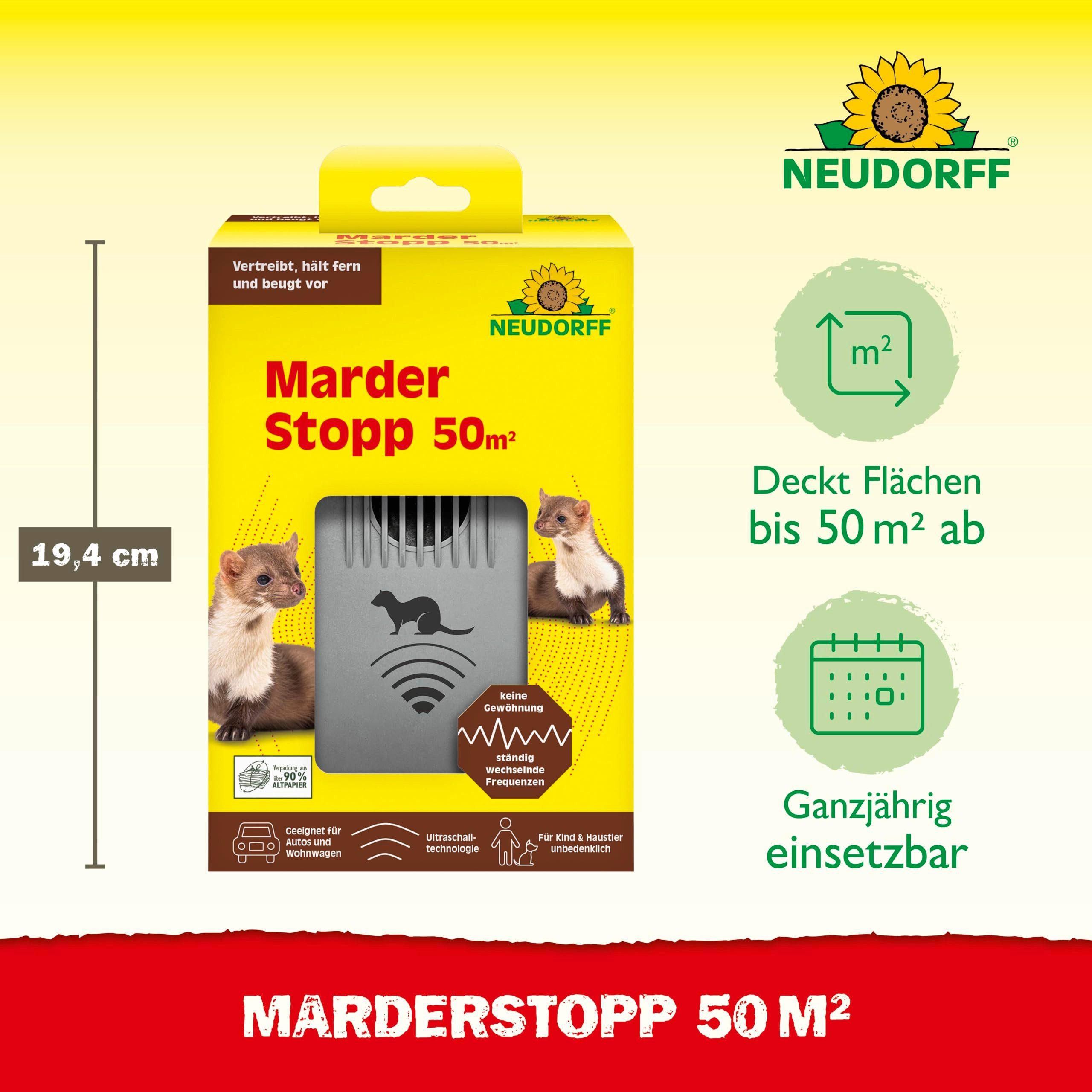 Neudorff Vergrämungsmittel MarderStopp deckt 50m² ab, Vertreibt Marder sofort und dauerhaft, Marderschreck mit Anti Gewöhnungseffekt, für Autos, Wohnwagen, Dachböden und Garagen