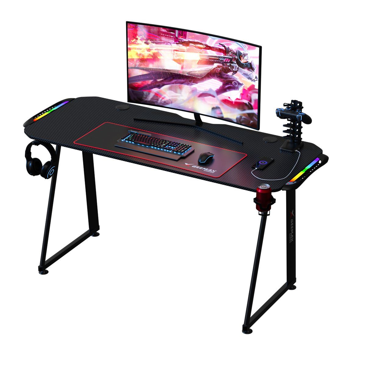 GEEMAX Gamingtisch A1-1460 (Komplett-Set, LED Gaming Tisch Schreibtisch), mit Getränkehalter Kopfhörerhalter Mousepad 140* 60*75 cm