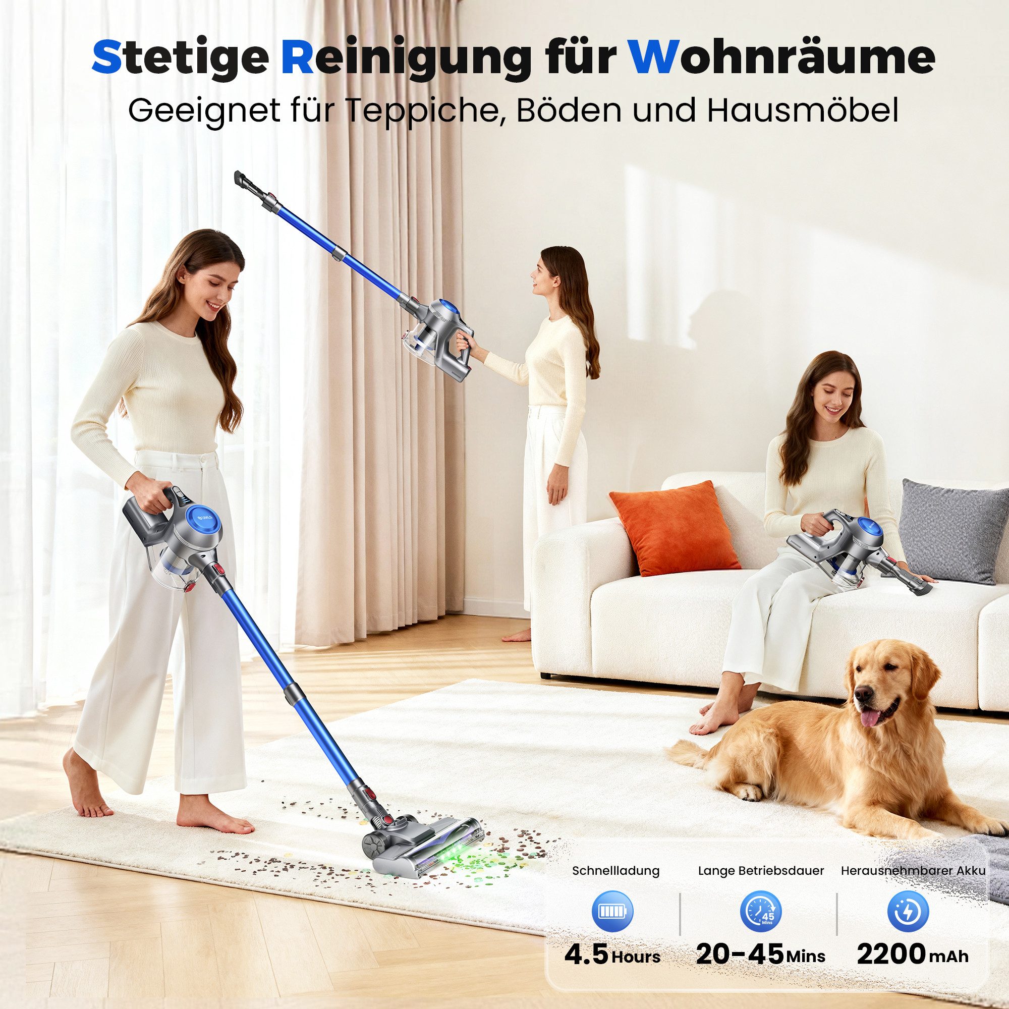 INSE Akku-Handstaubsauger N15 kabelloser Staubsauger–1,2L großer Staubbehälter,45 Min. Laufzeit, 130 W, beutellos, grünes LED-Licht,90°+180° schwenkbarer Kopf,8-in-1 Zubehör