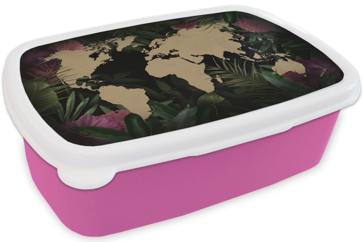 MuchoWow Lunchbox (2-tlg), - Kunststoff, Weltkarte Brotdose Blätter, - rosa Blumen Mädchen, Kunststoff Brotbox Snackbox, Kinder, für Erwachsene