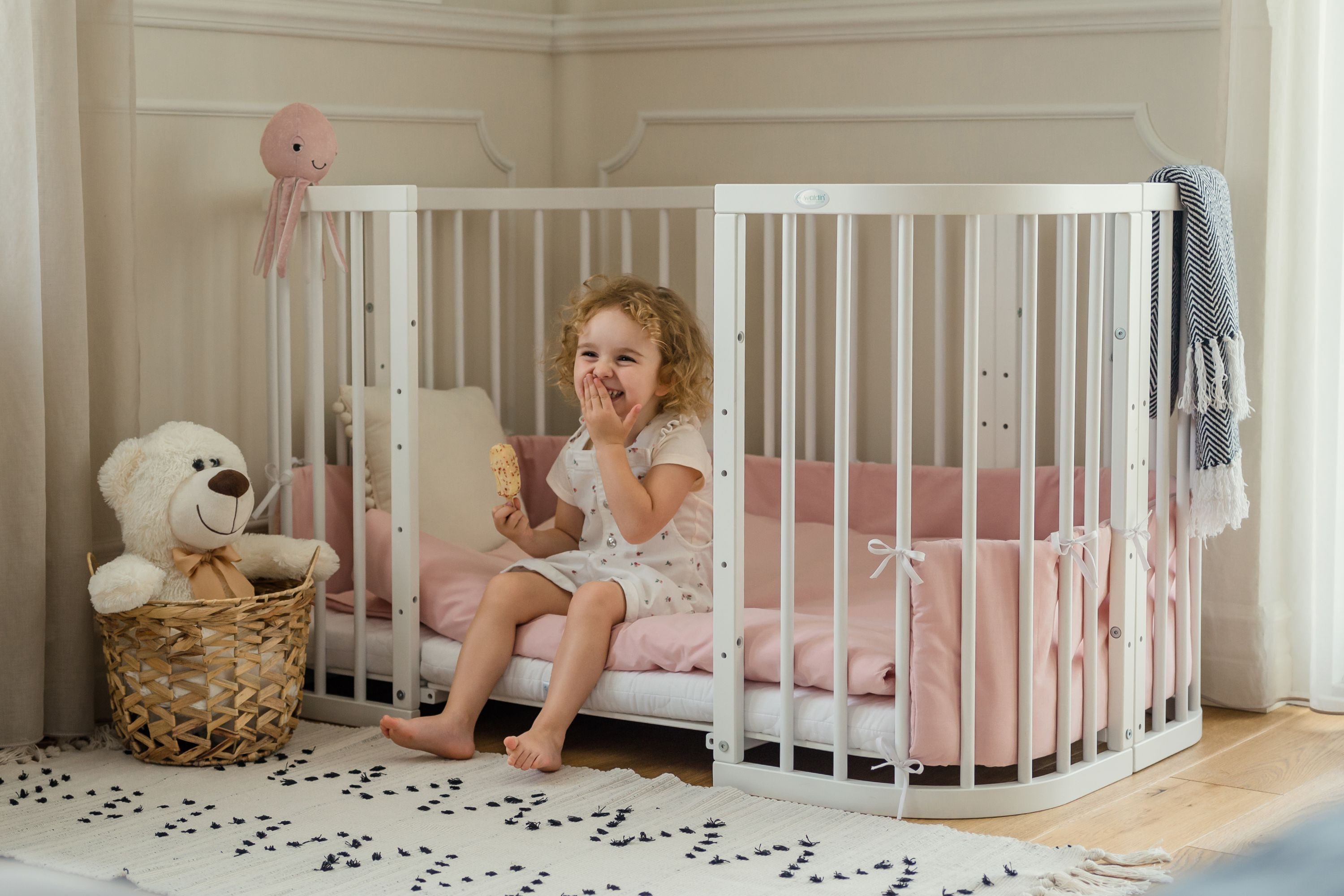 Waldin Babybett Mobiles Babybett aus Holz 7in1 mit Matratze, mitwachsend