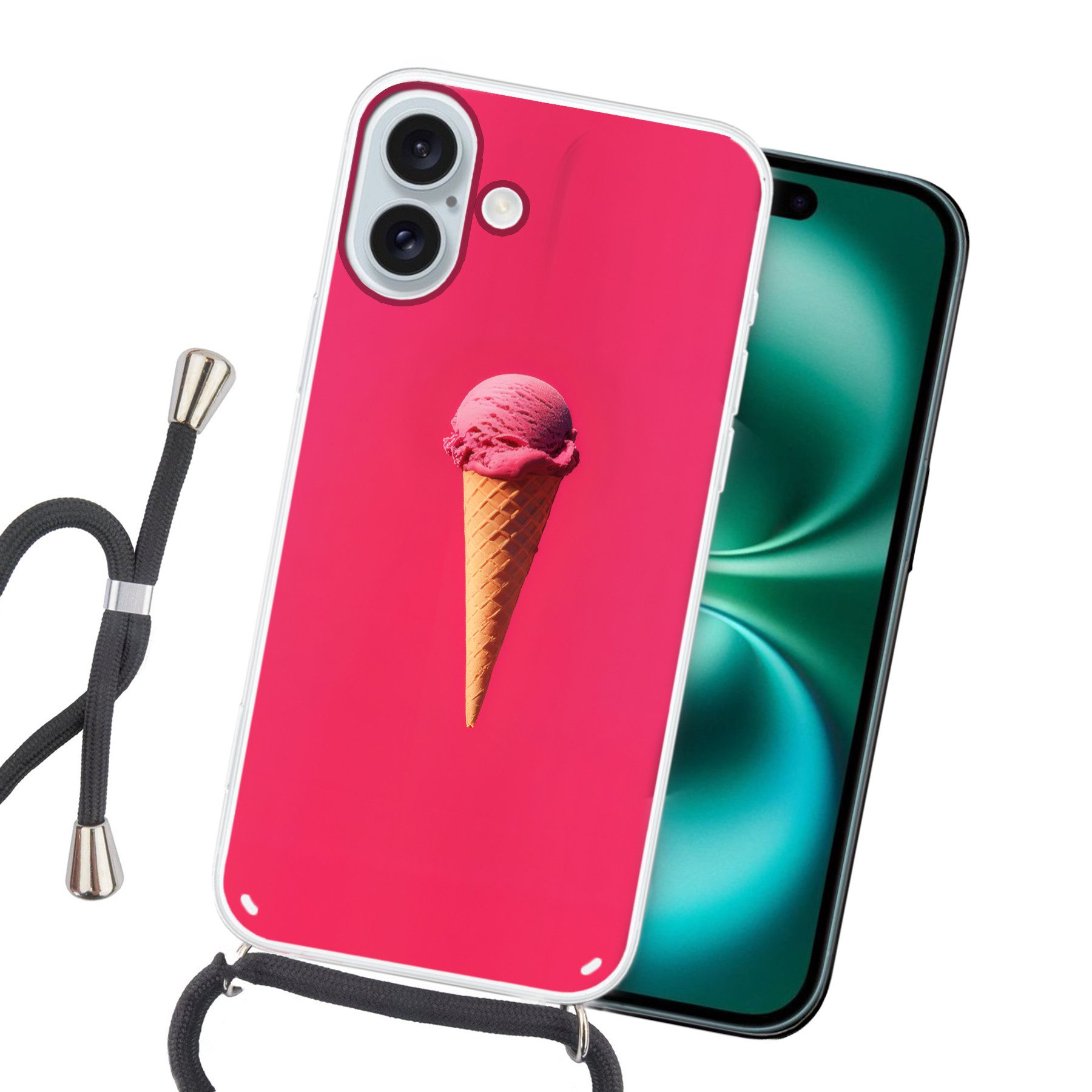 MuchoWow Handyhülle für Apple iPhone 16 Plus Schaufel Eiscreme - Rosa - Horn, Tragbare Handyhüllen mit Kette zum umhängen, Handykette Handyband