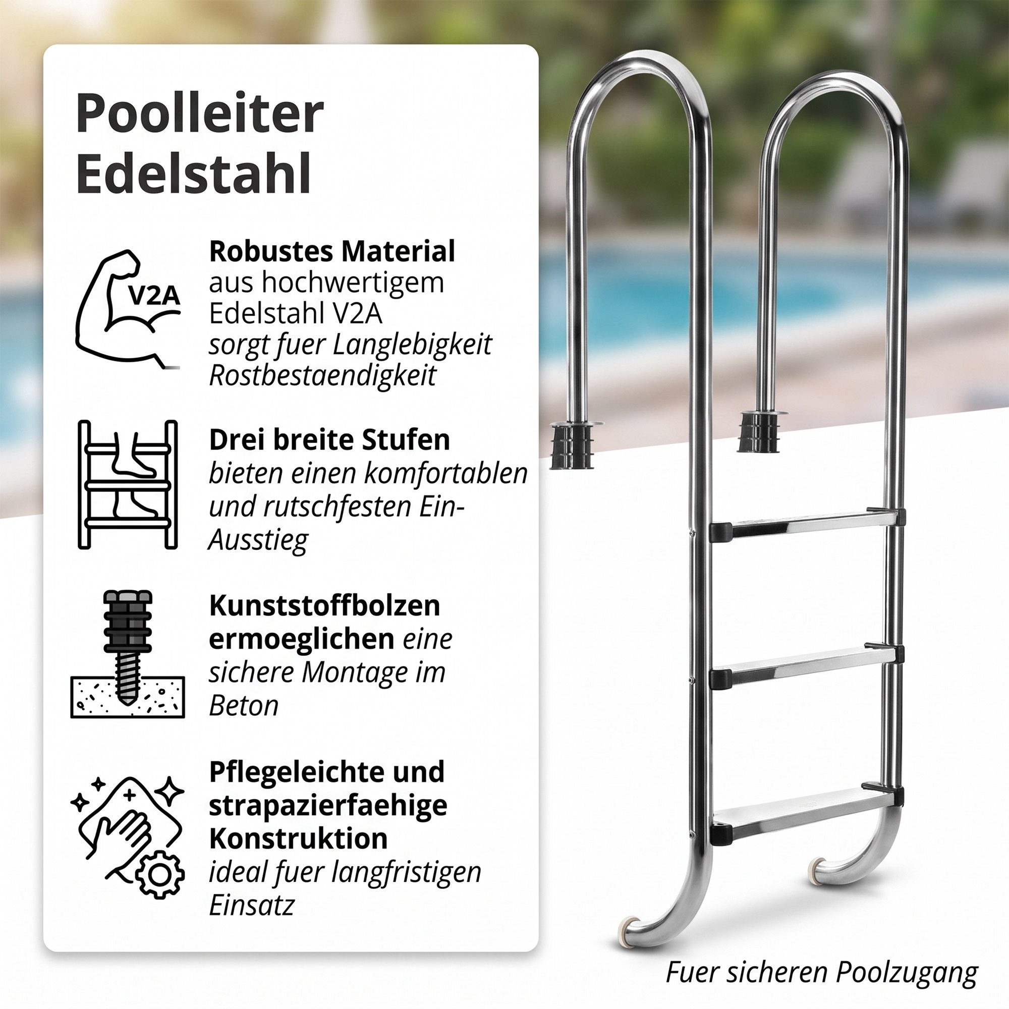 Mucola Poolleiter Poolleiter Edelstahl Schwimmbad Leiter Sicherheitsleiter Pool Treppe (Stück, Leiter), Edelstahl V2A