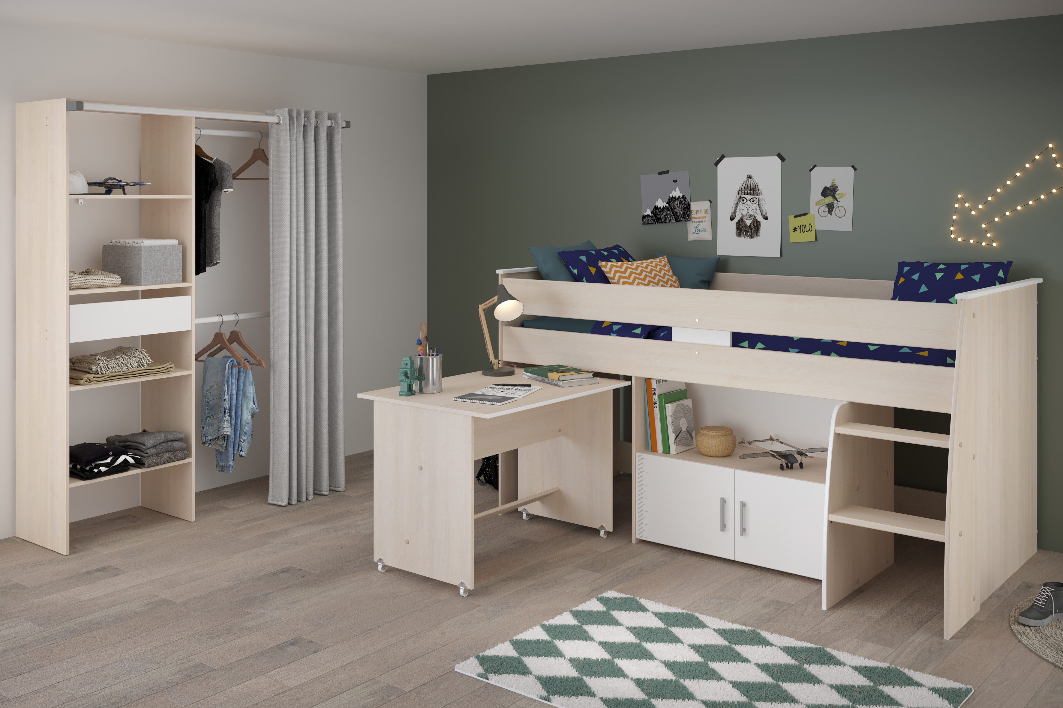Parisot Jugendzimmer-Set Parisot Charly 22, (Set, 2-tlg), ausziehbarer Schreibtisch auf Rollen
