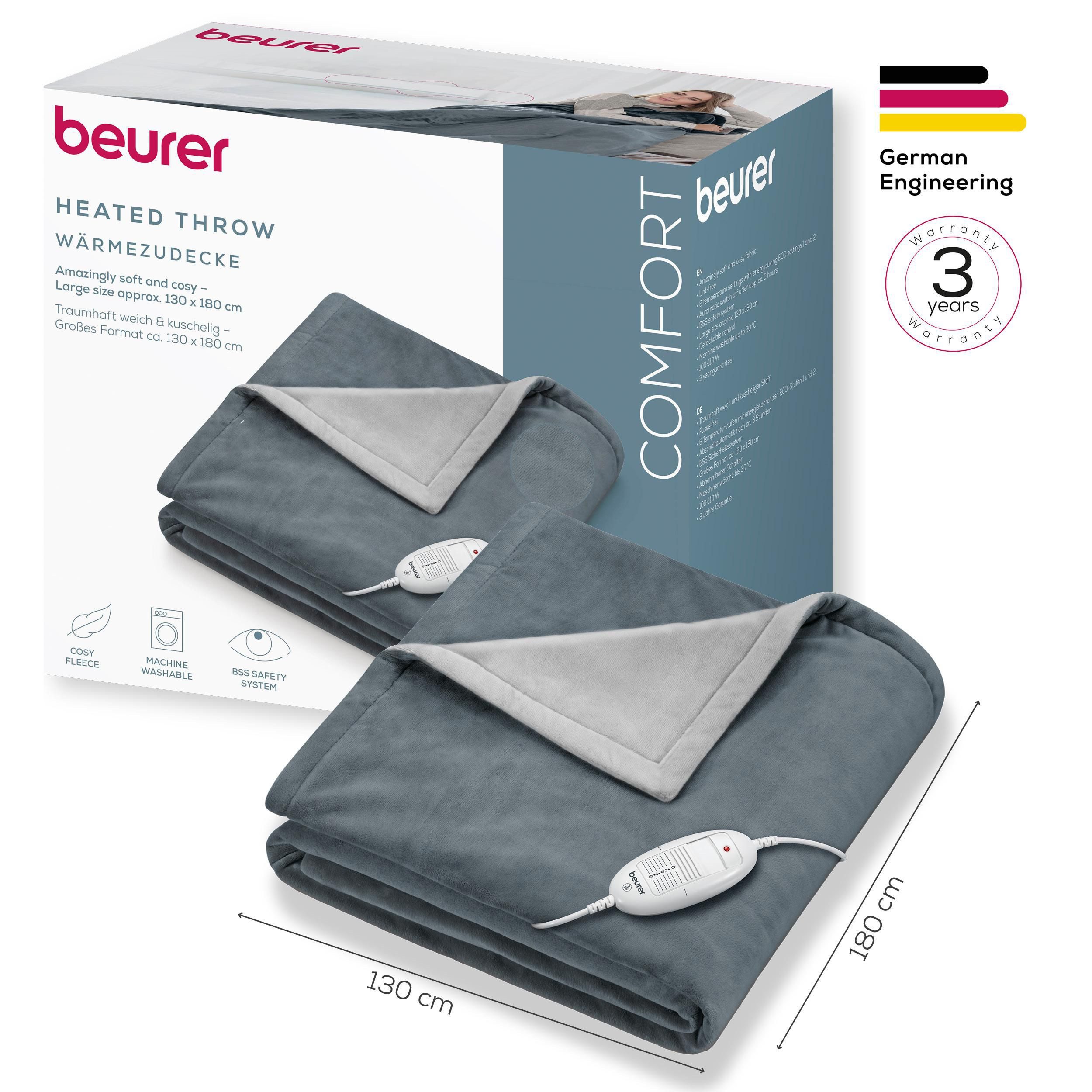 BEURER Heizdecke HD 75 Cosy Dark-Grey, elektrische Wärmedecke zum Einkuscheln, Mit 6 Temperaturstufen, Abschaltautomatik, maschinenwaschbar