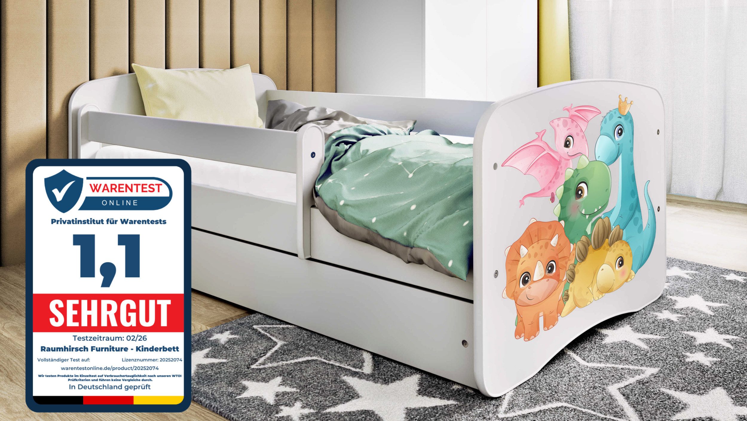 Raumhirsch Furniture Kinderbett 70x140, 80x160, 80x180 cm - Komplettset mit Matratze & Schublade (Bett für Mädchen, Einzelbett Kinder 2–12, mit Rausfallschutz & Lattenrost), verschiedene Farben & Designs