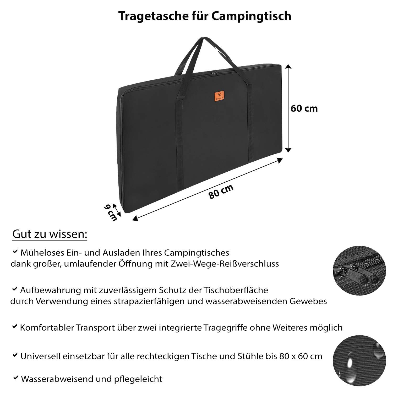 Granori Aufbewahrungstasche für Garten- und Campingtisch sowie -stühle, für Klapptische bis wahlweise 120x80 / 100x70 / 80x60 cm