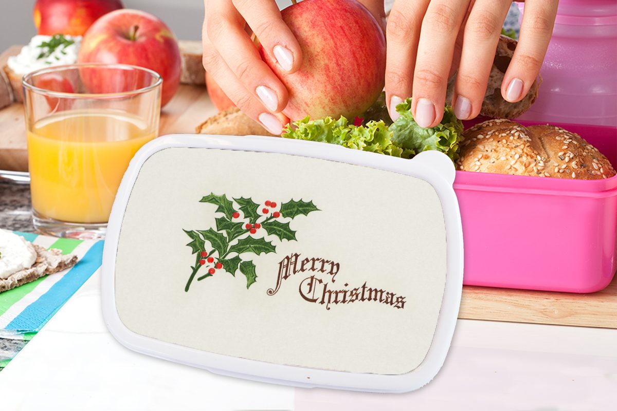 Kinder, Lunchbox MuchoWow Hulst, Mädchen, - für Kunststoff Erwachsene, - Kunst Weihnachten rosa Kunststoff, Brotbox Brotdose Snackbox, (2-tlg),