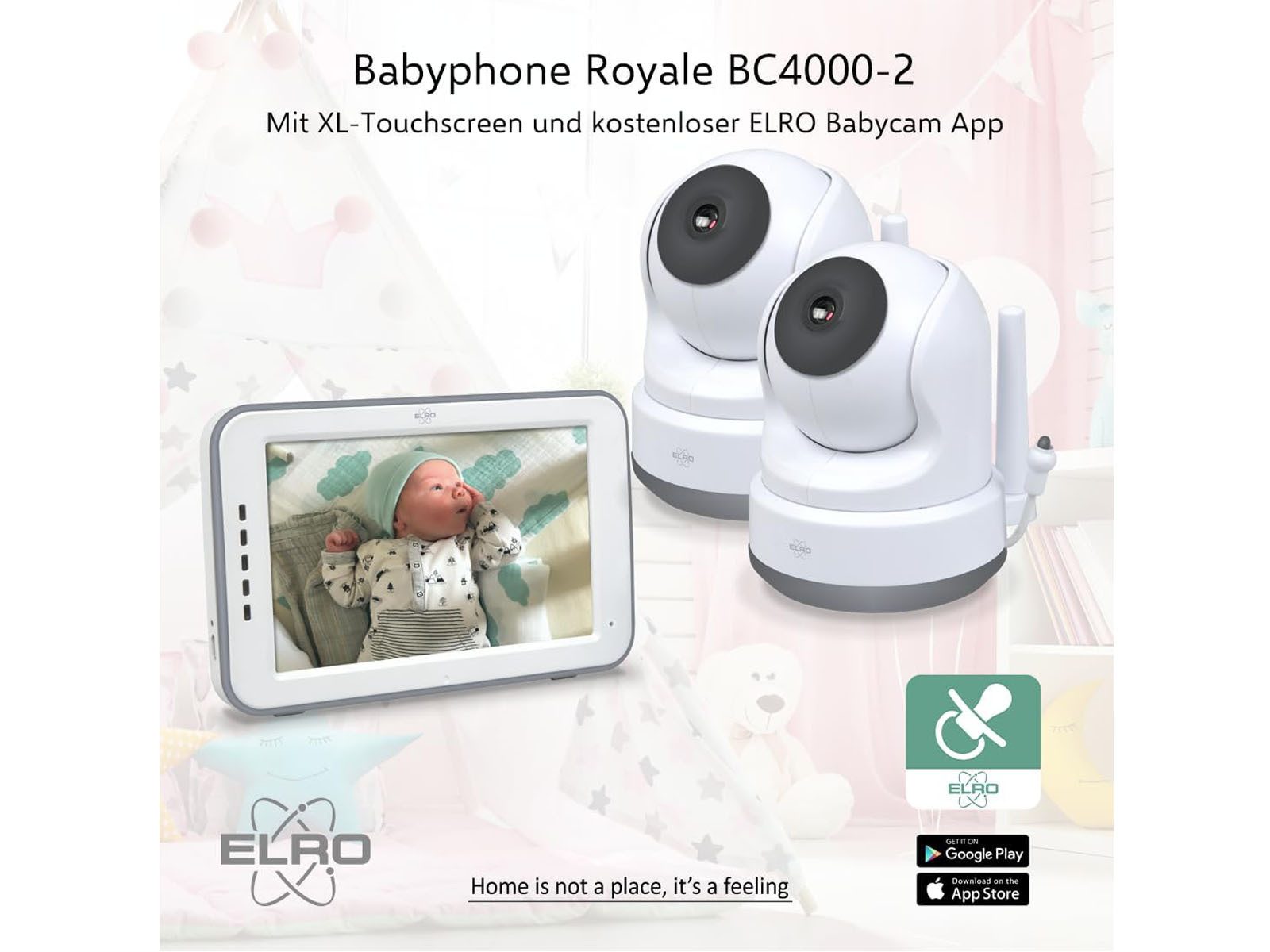 Elro Video-Babyphone, Nachtlicht, Temperaturfühler, 3 Schlaflieder, mit 2 Kameras und Baby Monitor, Reichweite 300 Meter, App kostenlos
