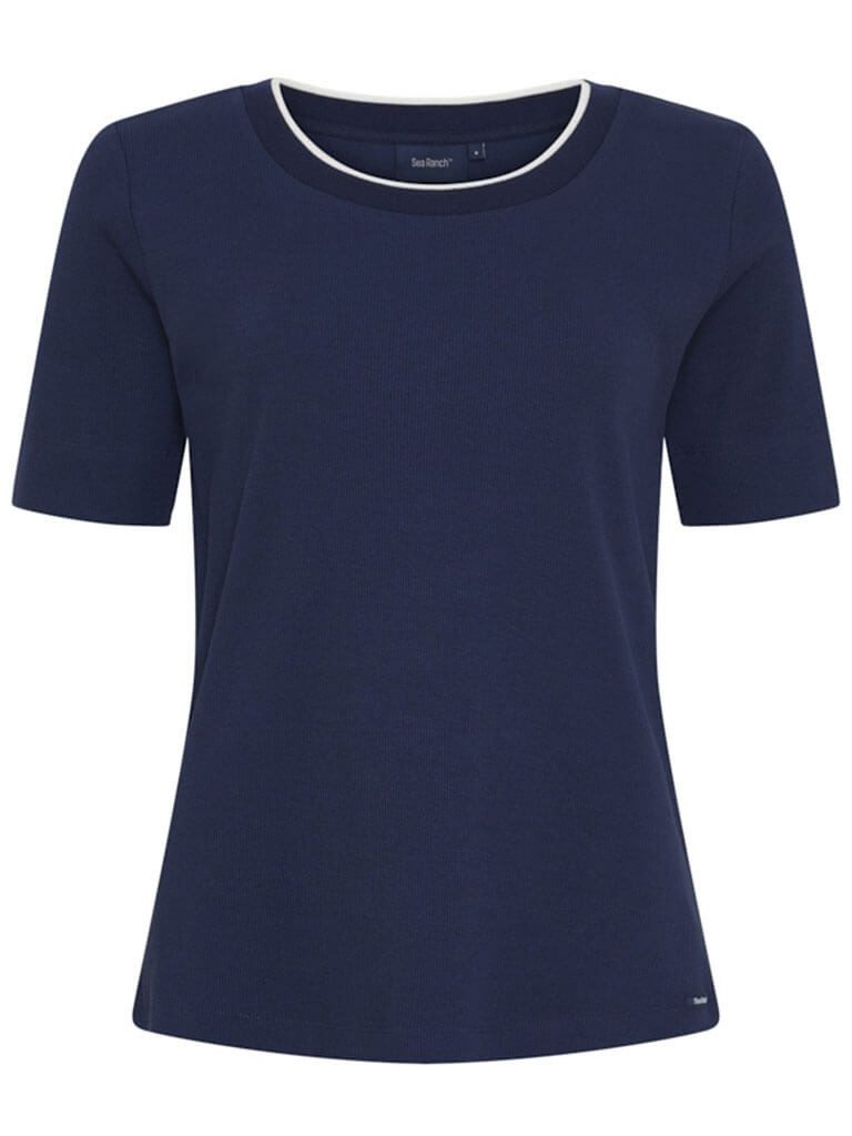 Sea Ranch T-Shirt Roma Damen Kurzarm-Shirt Rippstrick-Qualität - Basicshirt Sommershirt Rundhalsausschnitt kontrastfarben, Hergestellt in Europa, Kombinierbar