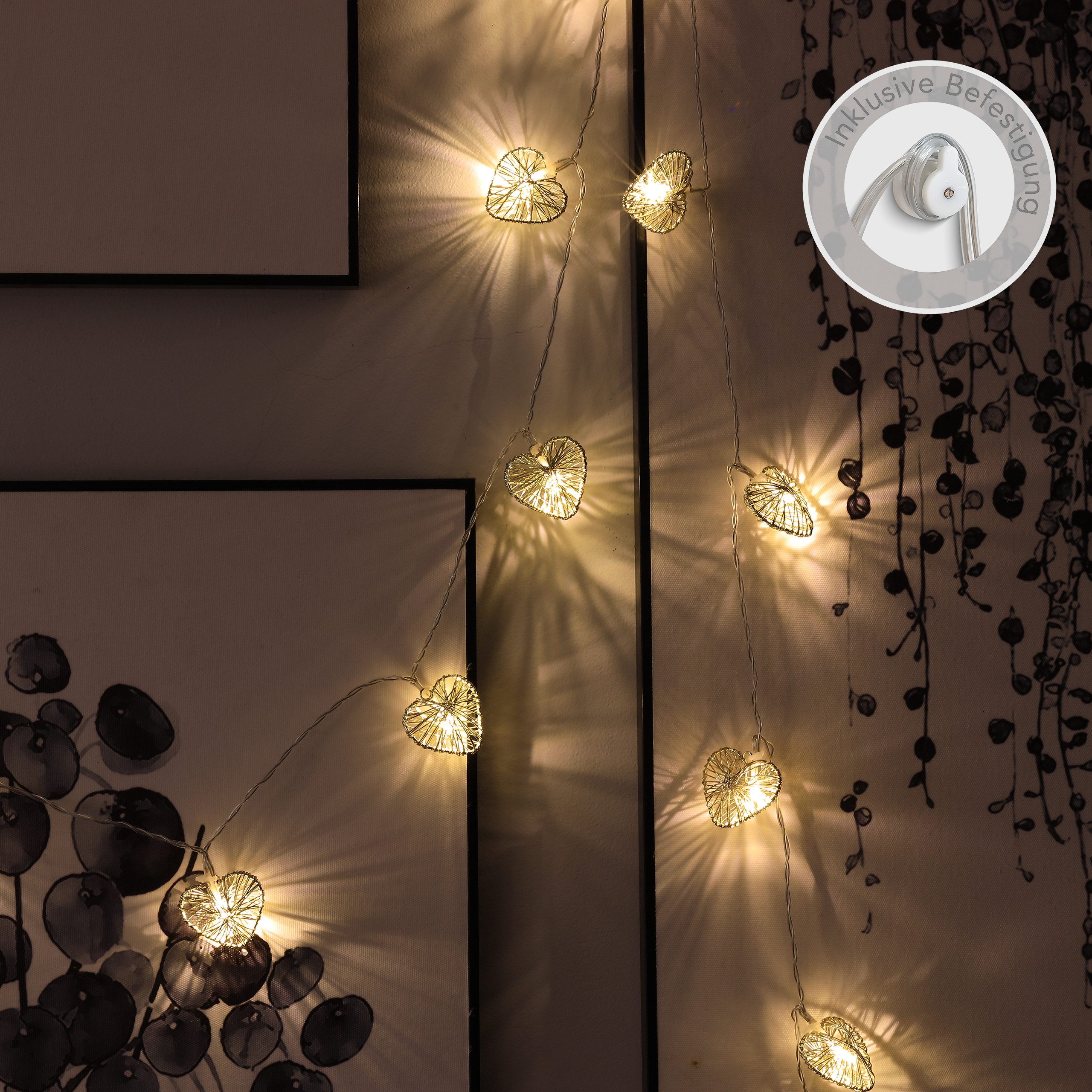 COZY HOME LED-Lichterkette Herz Lichterkette Batterie und Stecker -, 20 LEDs I 5 Meter I Timer-Funktion I Warmweiß I Lichterkette Innen
