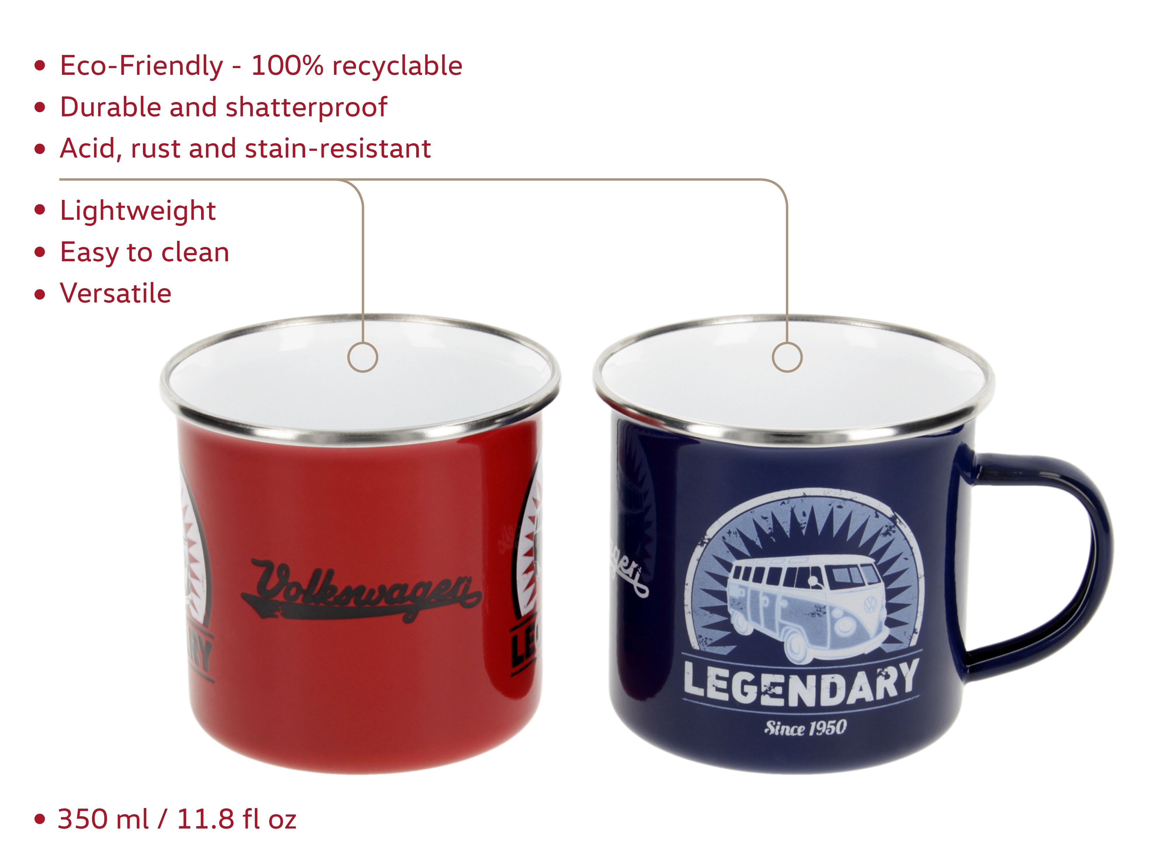VW Collection by BRISA Tasse Volkswagen 2er Set Emaille Kaffeetasse, Teebecher, Emaille, Teetasse für Camping & Outdoor T1 Bus in verschiedenen Designs
