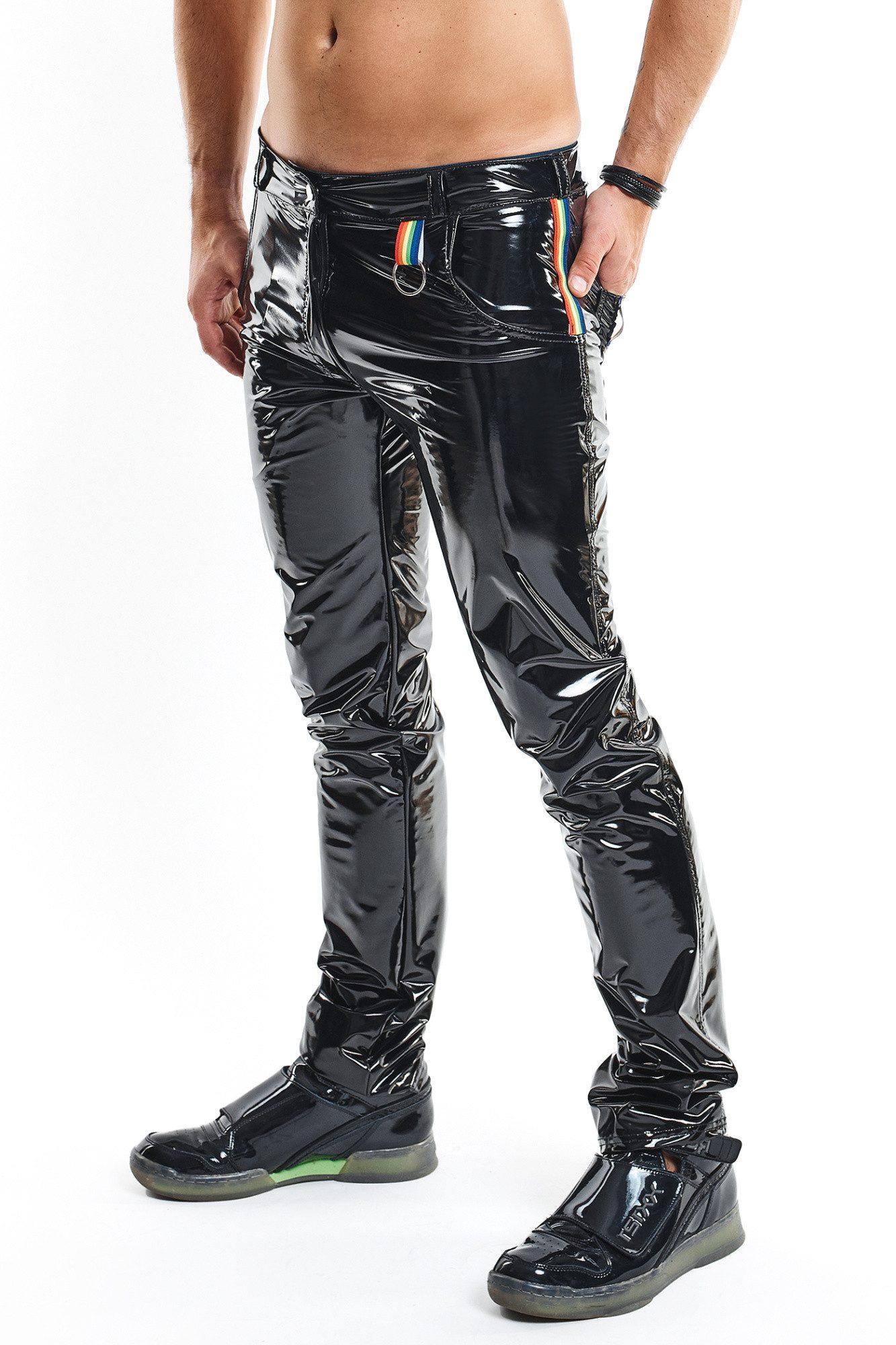 Lederimitathose Lange Herren Hose schwarz Männer wetlook Pants glänzend elastisch