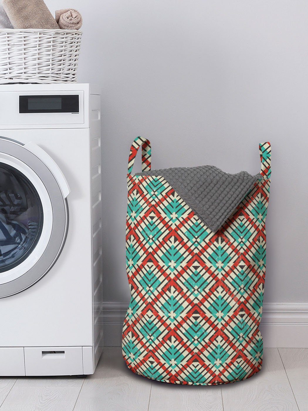 Waschsalons, Abstrakt Abakuhaus mit Griffen Wäschesäckchen geometrisches Kordelzugverschluss für Wäschekorb Retro Muster