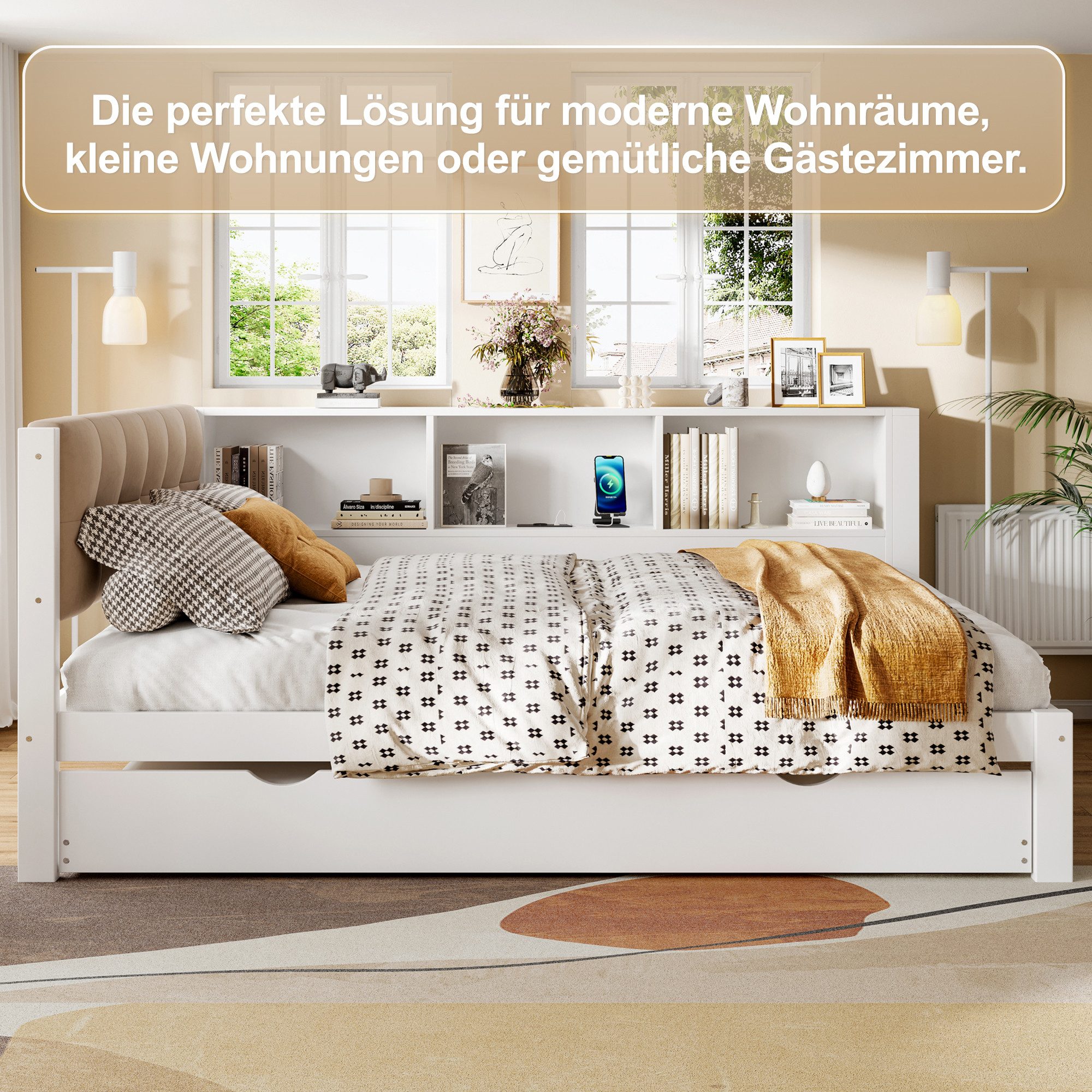 Merax Daybett 140x200cm mit Ausziehbett 90x190cm (Sofabett Kinderbett Jugendbett Einzelbett, 1 tlg), Kiefern Tagesbett Schlafsofa mit LED, USB-Anschluss,seitlichen Regalen