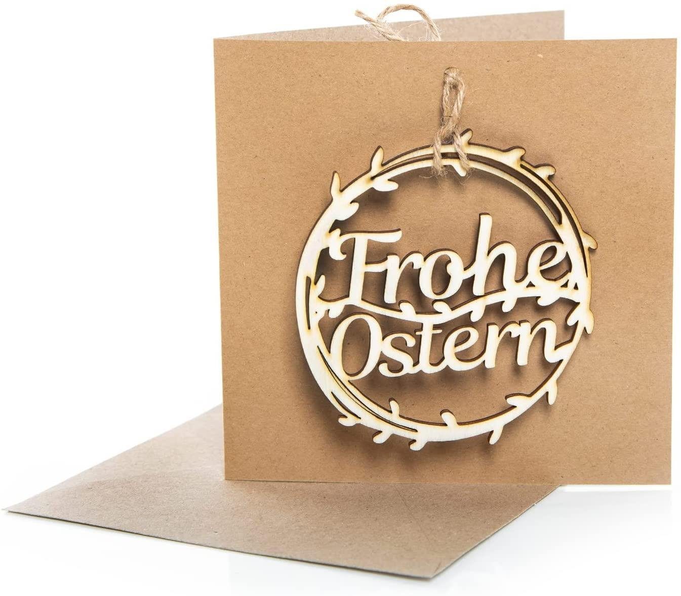 3 OSTERN Kraftpapier Karten FROHE Holzanhänger Osterkarte Logbuch-Verlag +