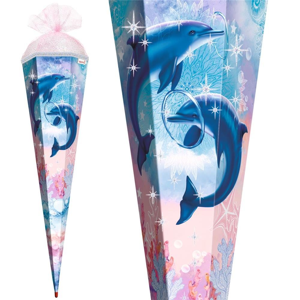Roth Schultüte Delfine mit Glitter & Glitzerborte, 85 cm, eckig, rosafarbiger Tüllverschluss, Zuckertüte für Schulanfang – Bild 3 von 5