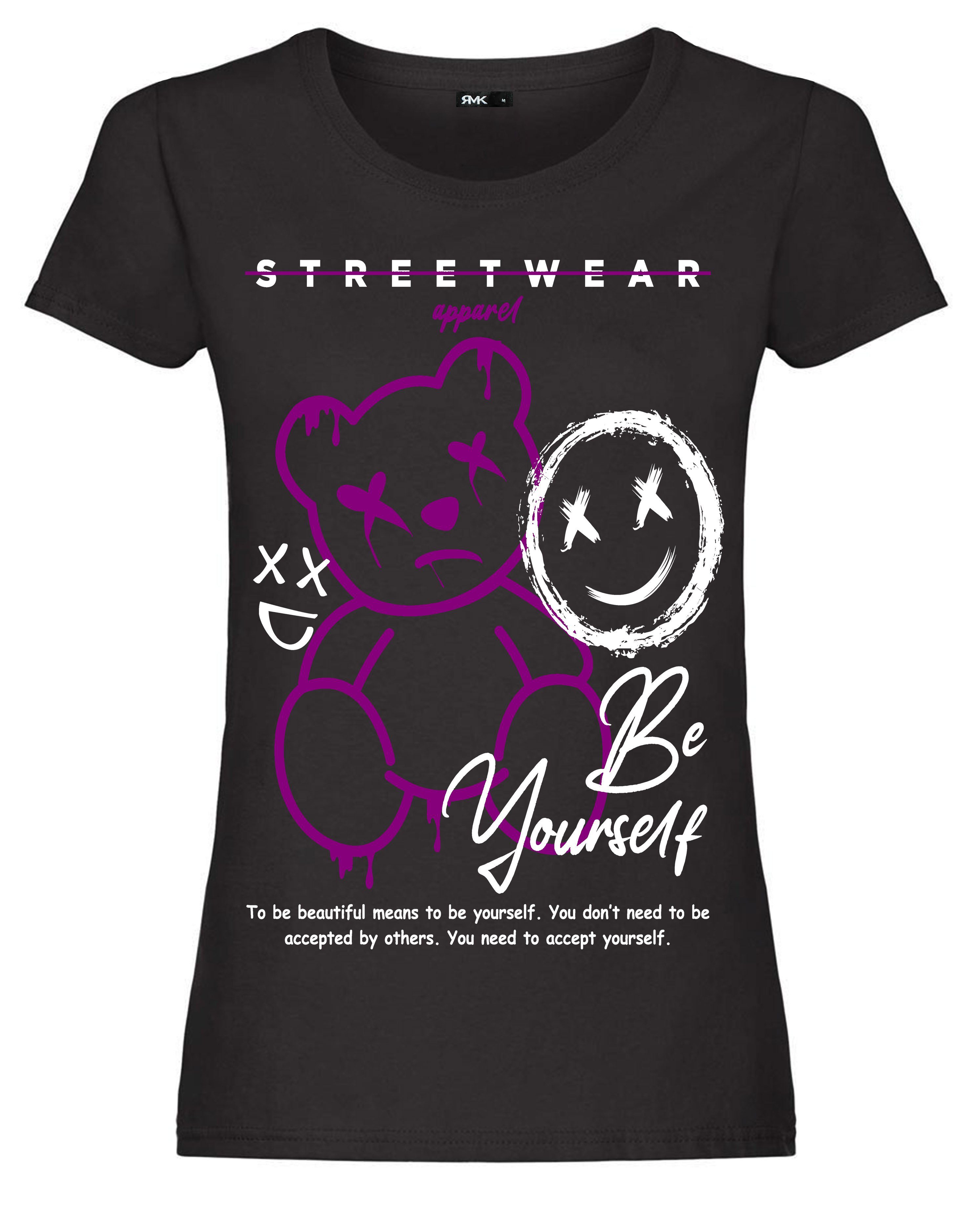 RMK T-Shirt Damen Shirt kurzarm Rundhalsshirt mit modischem Frontdruck "Teddy Bär"