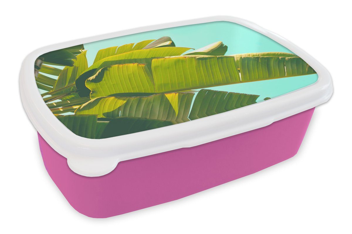 MuchoWow Lunchbox Bananenblatt - Blätter - Tropisch - Sommer, Kunststoff, (2-tlg), Brotbox für Erwachsene, Brotdose Kinder, Snackbox, Mädchen, Kunststoff rosa