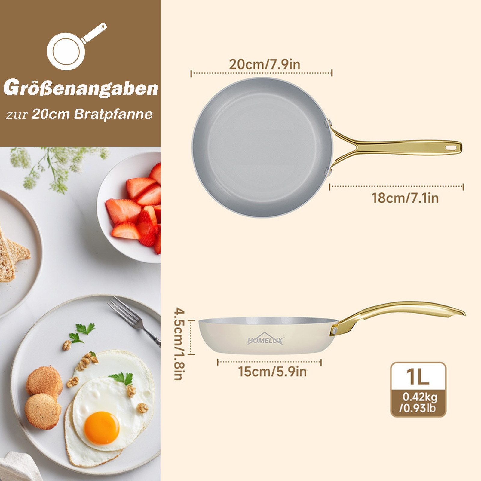 HOMELUX Pfannen-Set Bratpfanne Keramikpfanne Induktion Aluminium Pfanne mit Edelstahlgriff, Aluminium (Pfannenset, 1-tlg), Indukion,Keramikbeschichtung,weiß grau pfanne, gold griff