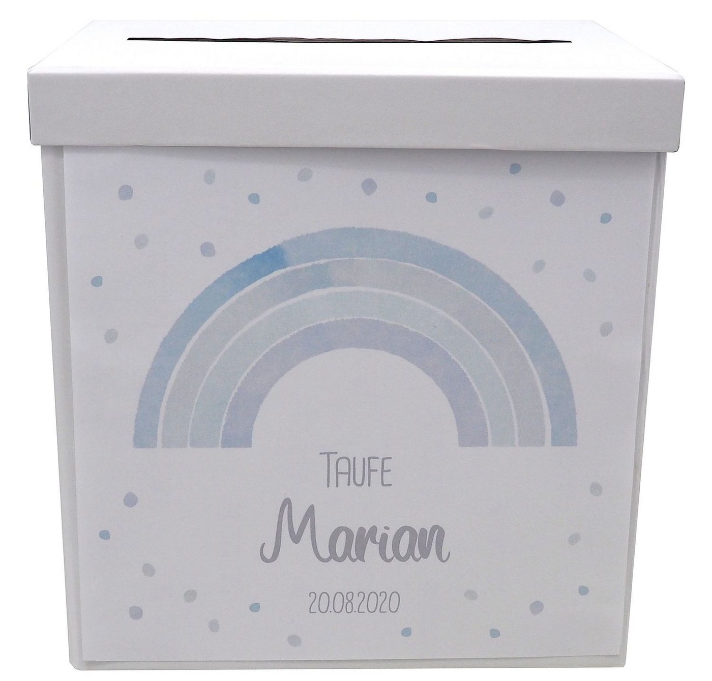 Thumbnail - ZauberDeko Geschenkbox Briefbox Regenbogen Blau Taufe Kommunion Konfirmation MIT NAME