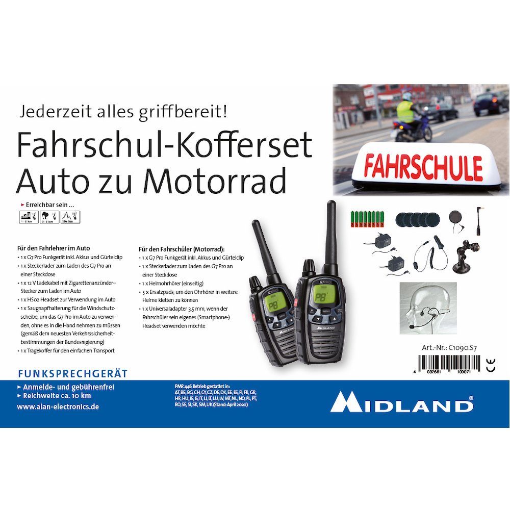 Walkie Talkie Midland Fahrschul-Kofferset Car to Bike G7 Pro C1090.S7 PMR/LPD-Handfu