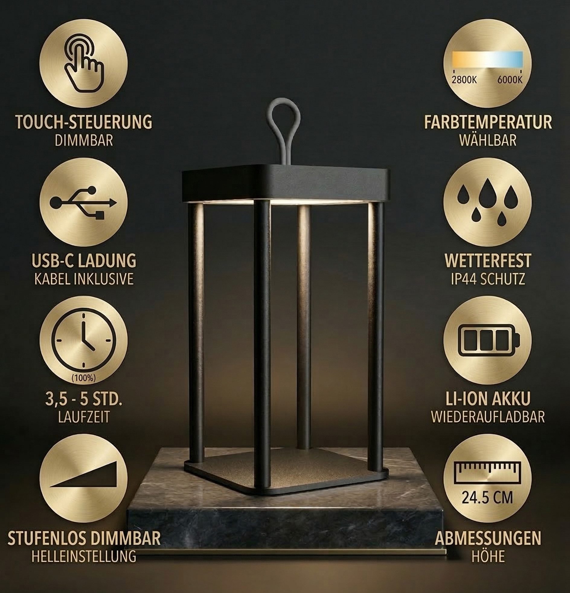 Coen Bakker Deco BV LED Außen-Tischleuchte Touch Tischlampe dimmbar mit Akku, In-/Outdoor, Touch-Funktion, LED fest verbaut, Kaltweiß, Warmweiß, Tageslichtweiß – Bild 5 von 5