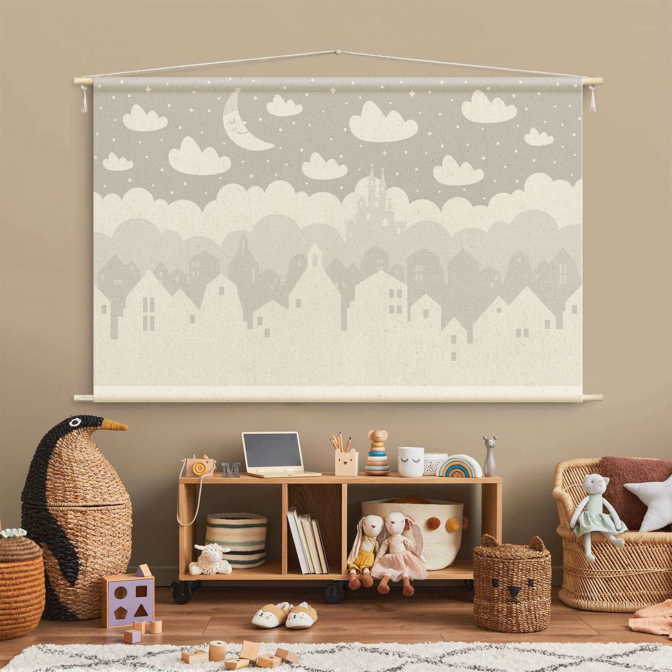 Bilderdepot24 Wandteppich Mädchenzimmer Jungenzimmer modern Städte grau, rechteckig, Höhe: 2.6 mm, großes Wandbild aus Natur-Baumwolle Wandbehang Stoffbild Tuch Wollseil