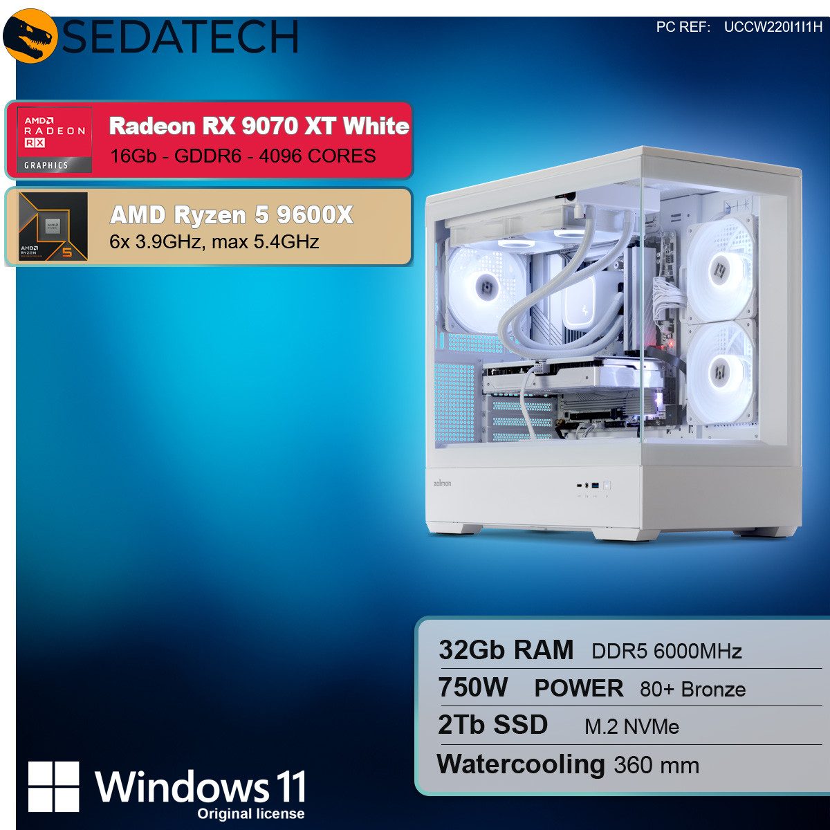 Sedatech UCCW220I1I1HF - Watercooling Gaming-PC (AMD Ryzen 5 9600X 6x 3.9GHz (max 5.4GHz), Radeon RX 9070 XT White 16GB, 32 GB RAM, 2000 GB SSD, Watercooling, Wlan 6E)