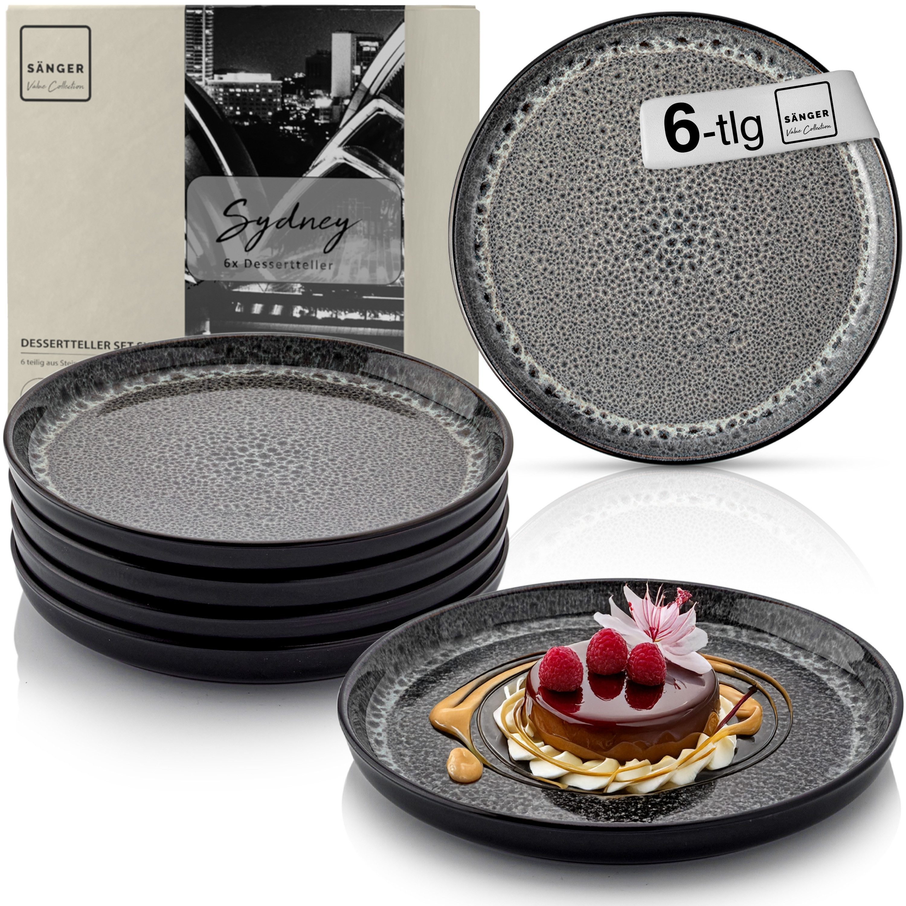 SÄNGER Teller Set Sydney, (6 St), 6 tlg. Dessertteller, Steingut, Grau, Handmade, VALUE COLLECTION
