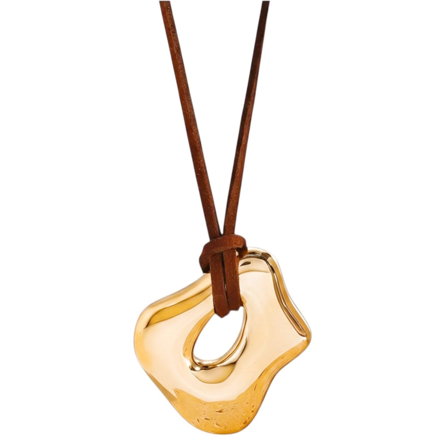 Lange Kette Gold Braun 128 cm vestellbar Damen Leder Edelstahl