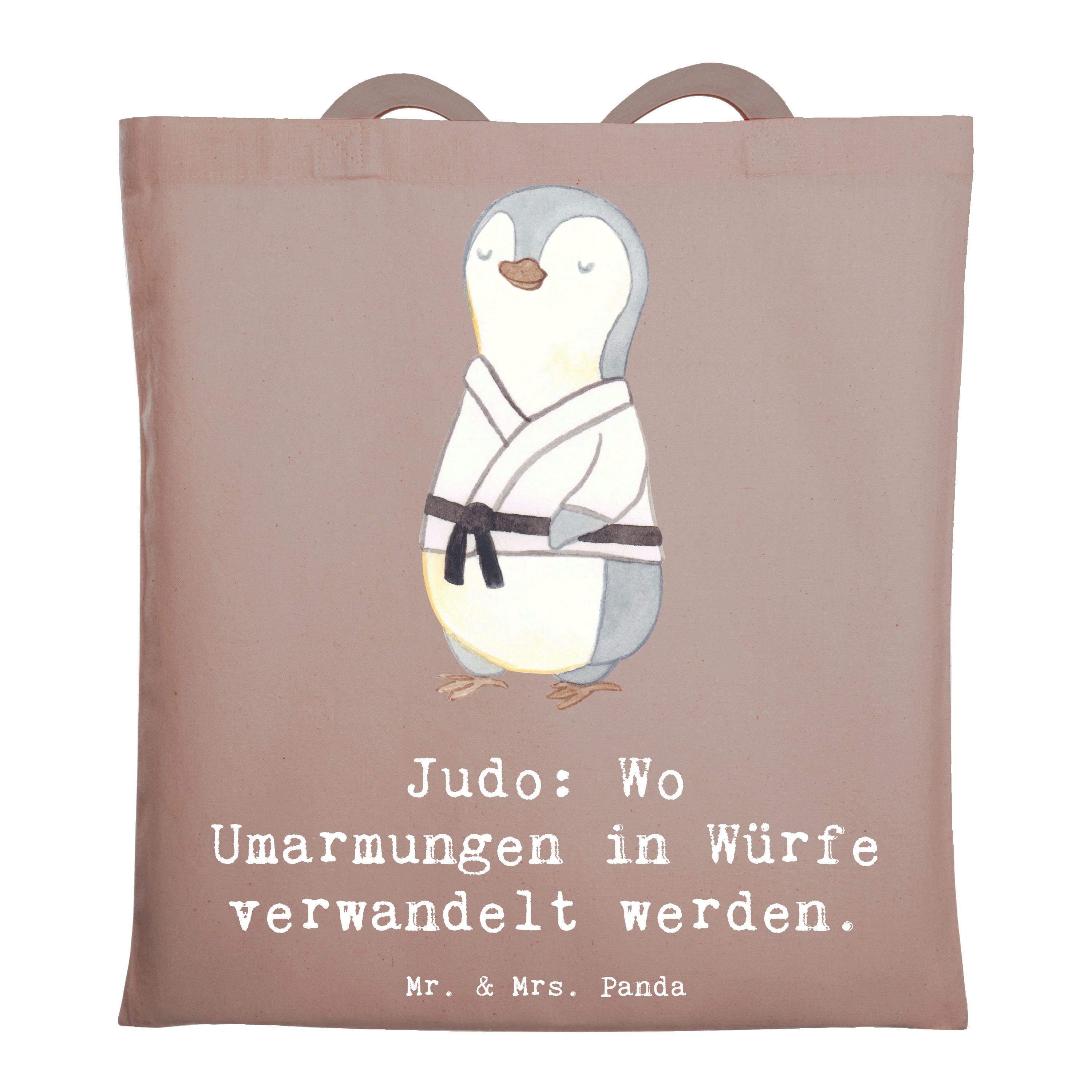Mr. & Mrs. Panda Tragetasche Judo Umarmungen - Braun Pastell - Geschenk, Kampfsport, Badetasche, S (1-tlg), Cross Stitching Griffe