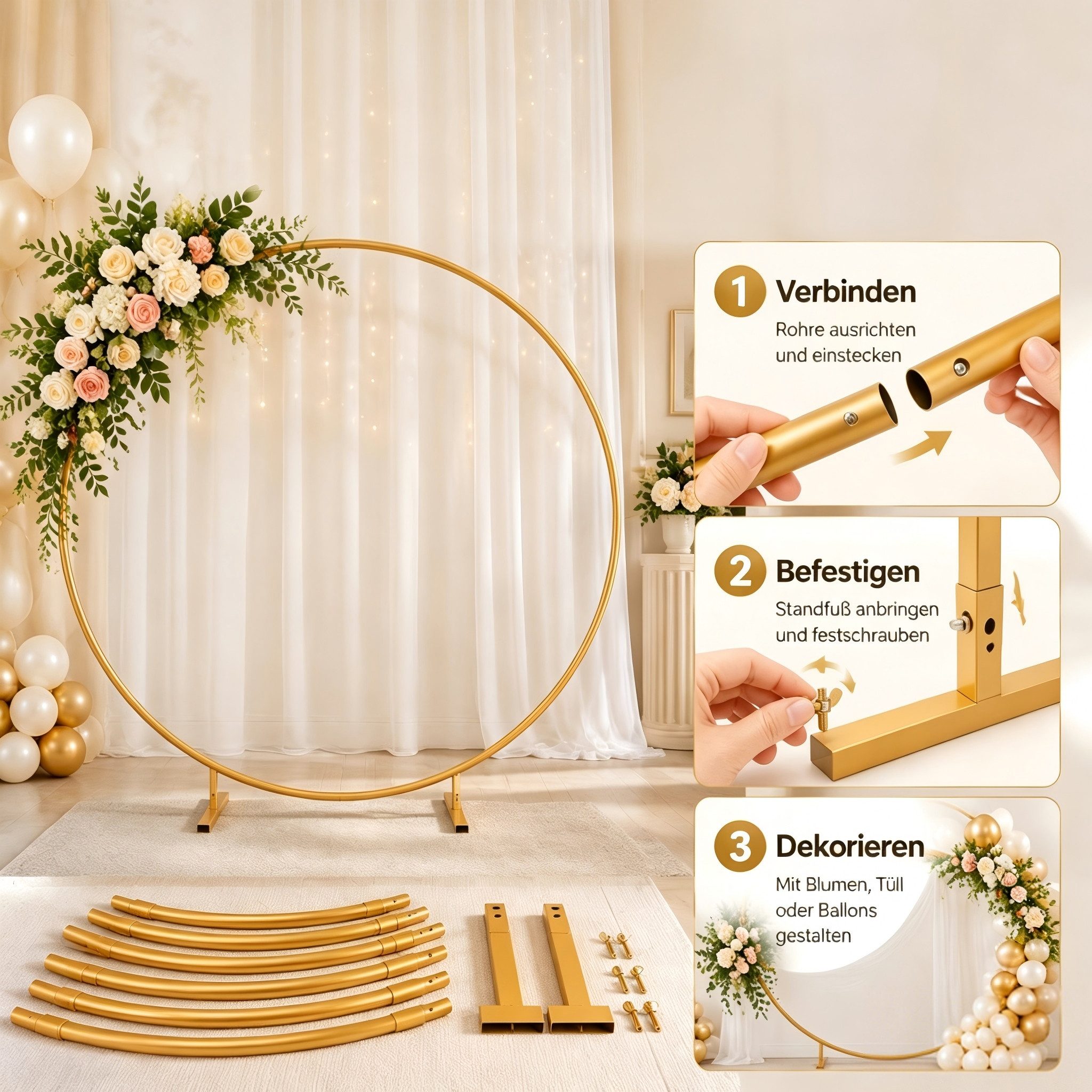 Luckice Fensterdekoration 2m runder Ballonbogen mit Blumenmuster, goldener Ständer, Hochzeitsdeko, Indoor/Outdoor – Bild 3 von 5