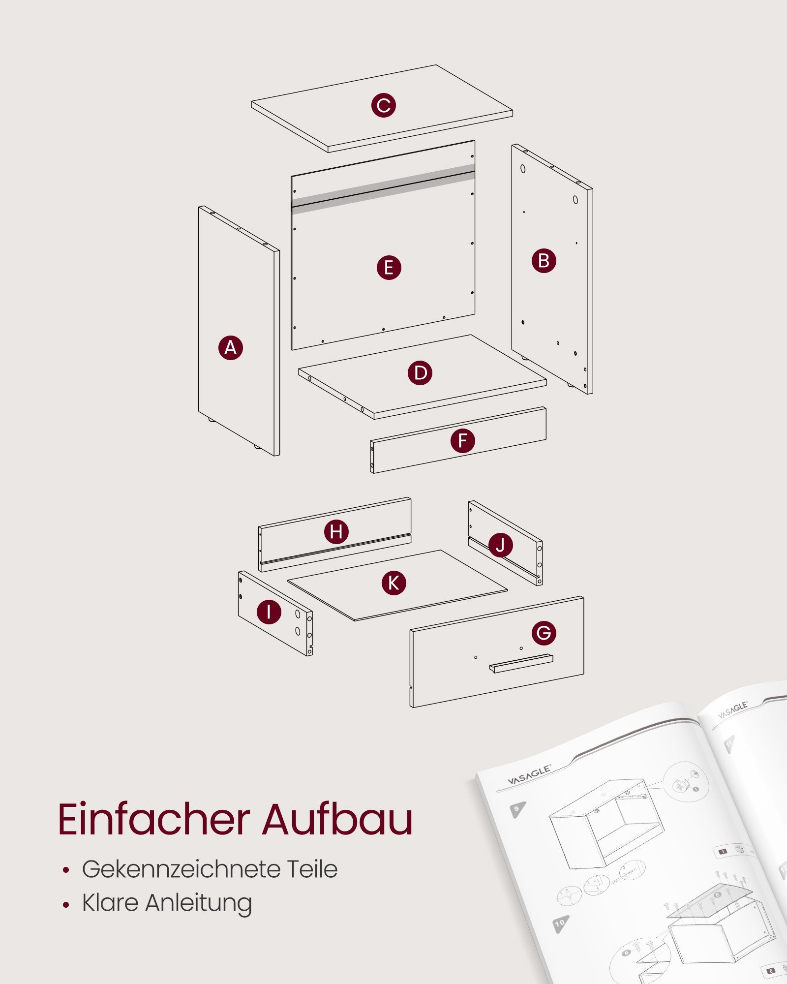 Griff, 39 Nachttisch 41 Schublade, 28 VASAGLE (1-St), Strohgelb x cm mit x