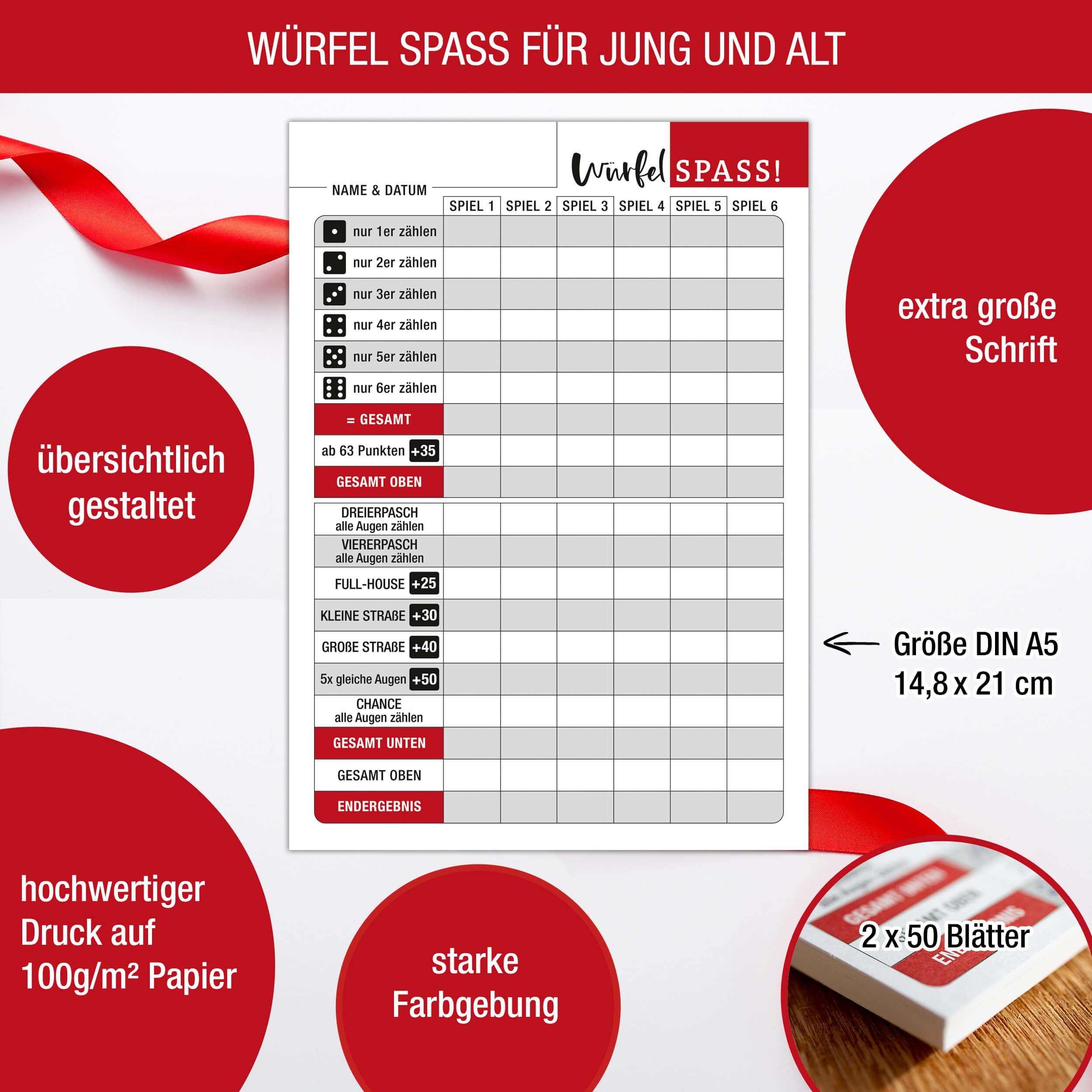 TOBJA Spiel Würfelspiel Block "Senior" 2er Set, Seniorenspiele Spielblock, Spielblock für Yatzy und ähnliche Würfelspiele, XXL Ersatzblöcke