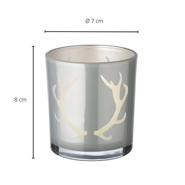 EDZARD Teelichthalter Ati (2er, Set), Höhe 8 cm, Ø 7 cm, Windlicht, Teelichtglas mit Geweih-Motiv in Grau