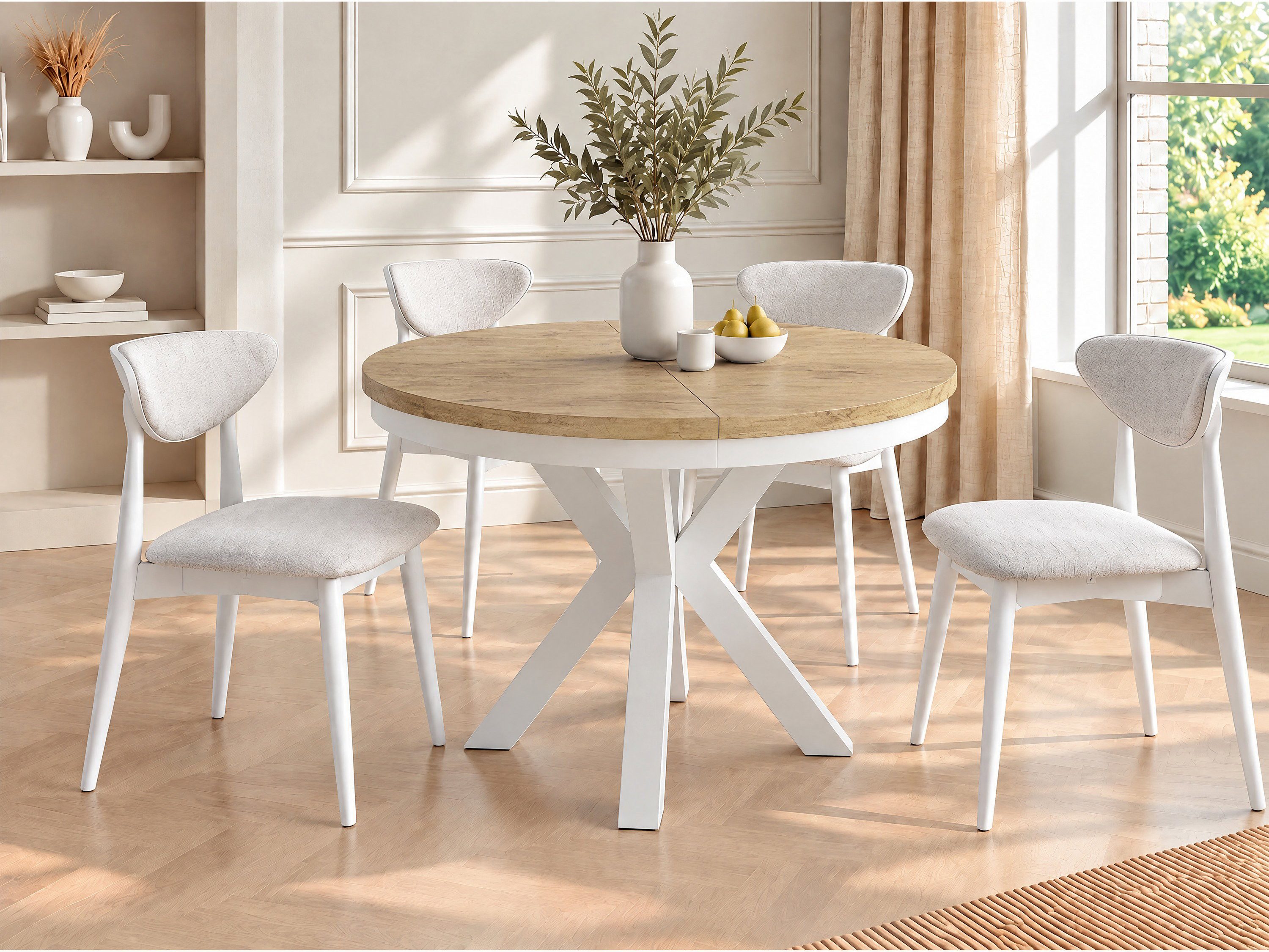 WFL GROUP Esstisch Clara White im Loft-Stil rund ausziehbar mit weißen Metallbeinen (MADE IN EU, erhältlich in zwei Größen – 100/120 cm, ausziehbar auf 180/200 cm), platzsparender Industrial Tisch in Holzoptik für Wohnzimmer oder Küche