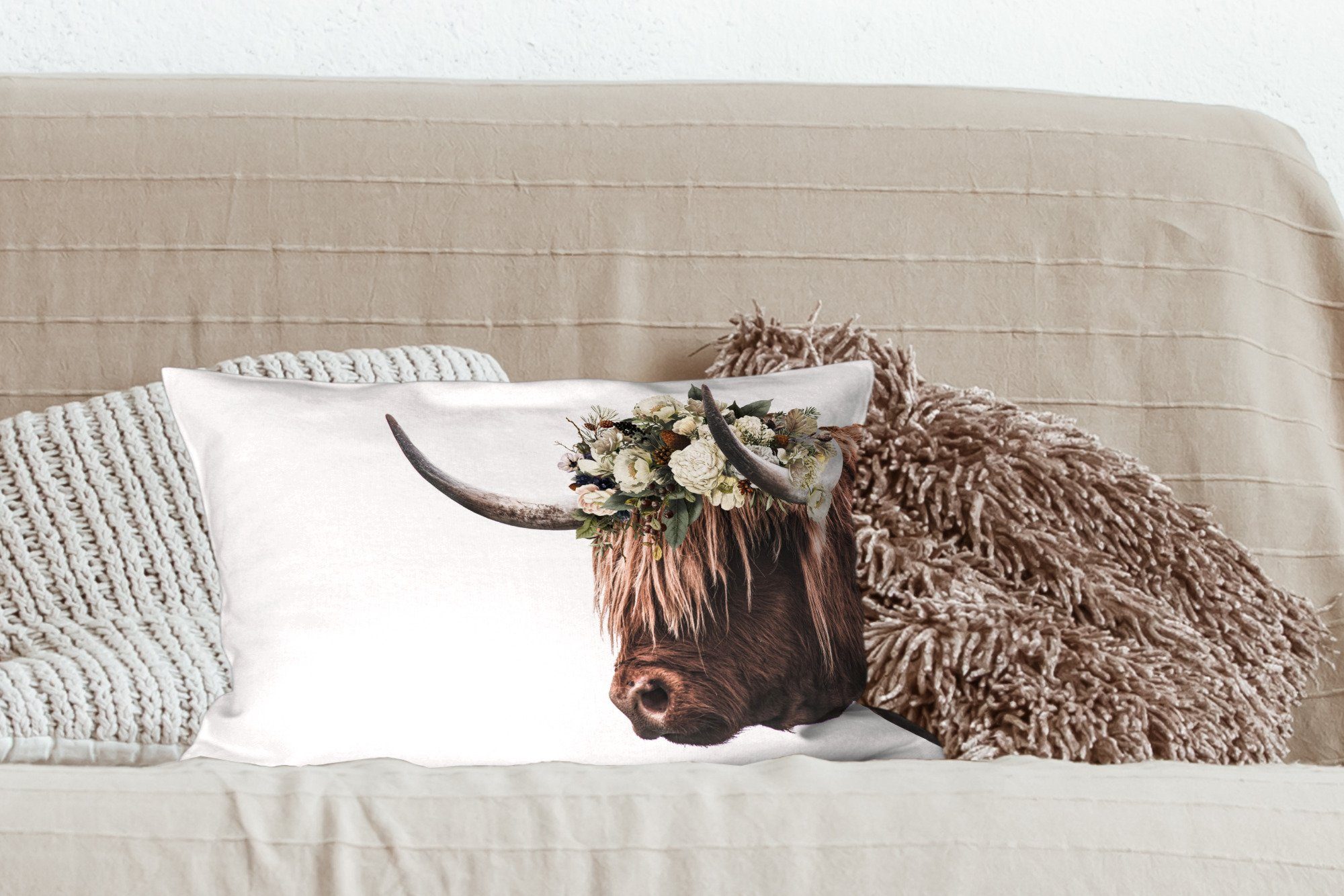 Dekokissen - Füllung, Dekoration, Blumen, Dekokissen Kuh - Schlafzimmer Zierkissen, Highlander Wohzimmer mit MuchoWow Schottischer