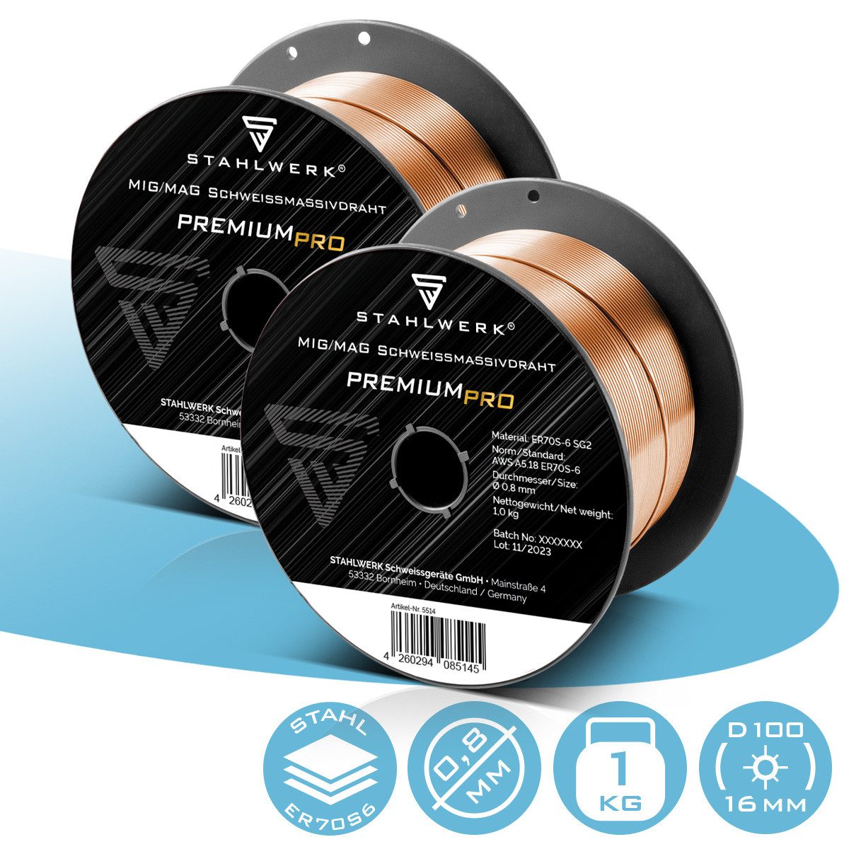 STAHLWERK Schweißdraht 2 x 0,8 mm MIG MAG ER70S-6 SG3 D100 Drahtrolle 1kg, (Packung), hohe chemische Reinheit für beste Schweißergebnisse