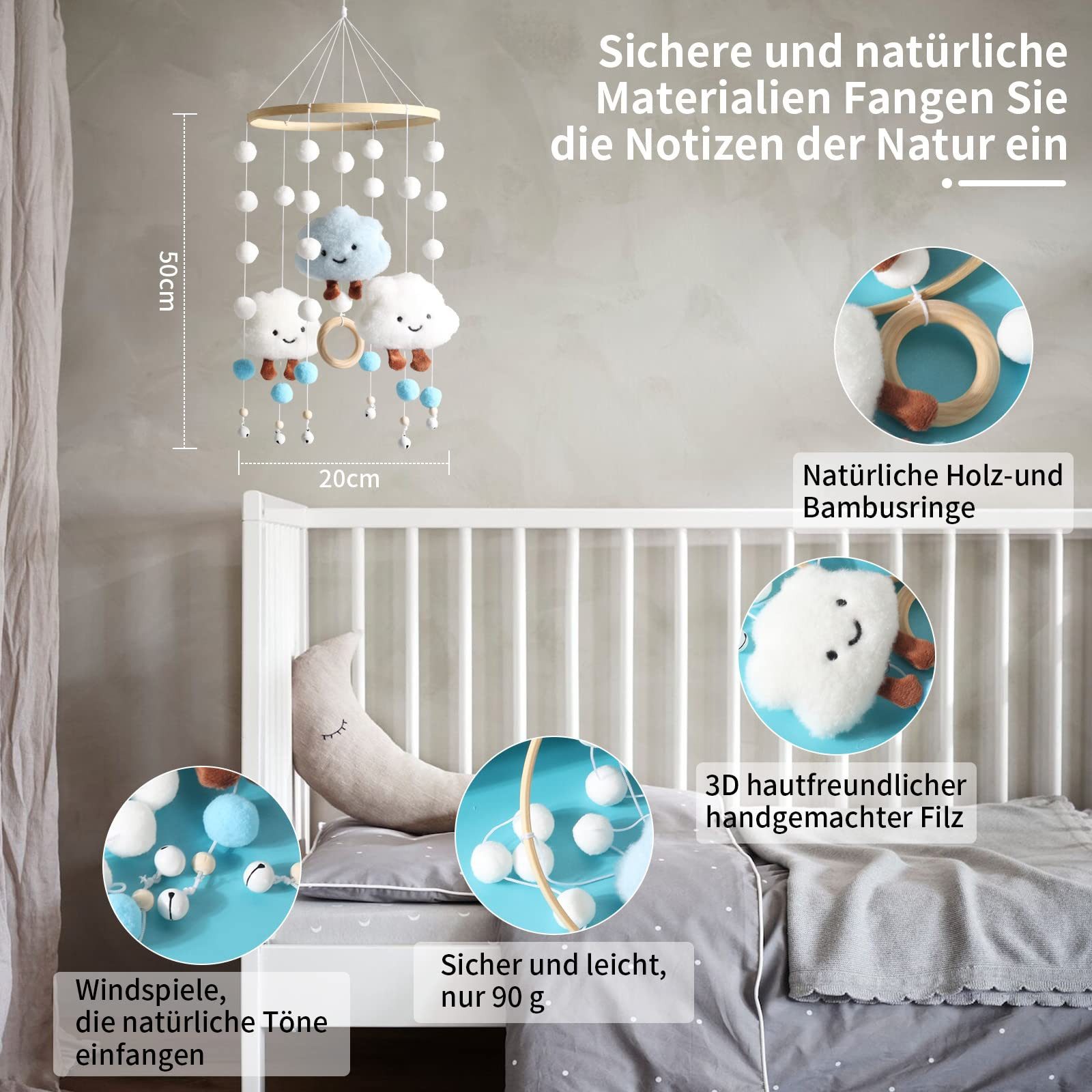 CLTYQ Mobile Windspiele,Windspiele mit Filzkugeln, 3D-Wolkenpuppen (Set), mobile zimmer Bett Windspiel