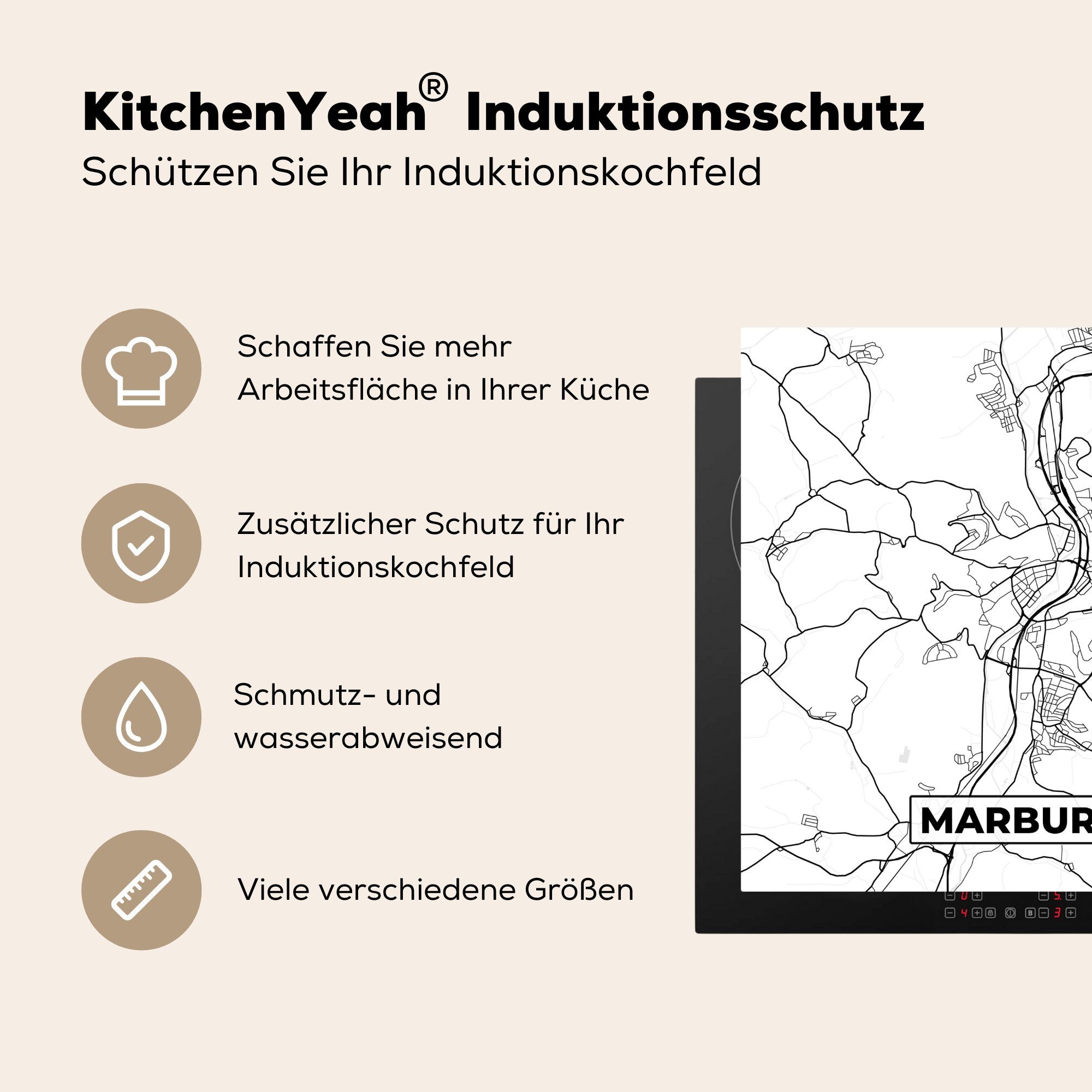 - Stadtplan, Herdblende-/Abdeckplatte Marburg tlg), (1 küche für Arbeitsplatte - Vinyl, 78x78 Karte MuchoWow Ceranfeldabdeckung, cm,