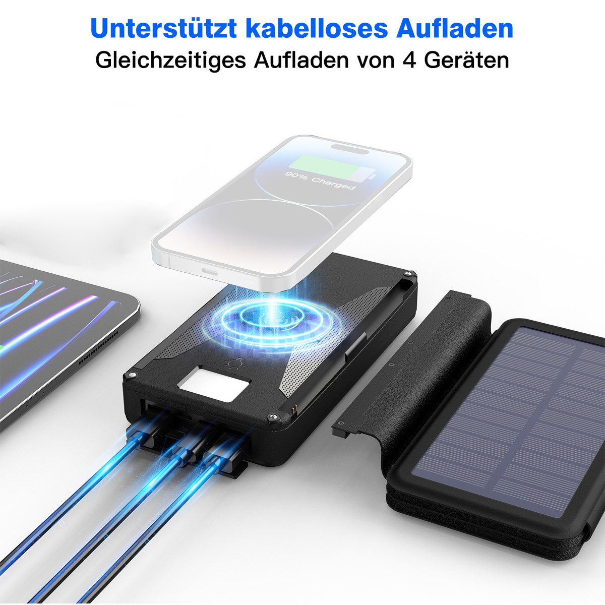 AeroAxis 30000mAh Solar Power Bank with 4 Solar Panels & USB-C – Waterproof Solar Power Bank 30000 mAh (5V), for Outdoor, Camping, Smartphone & Tablet (3 Modes LED Flashlight)