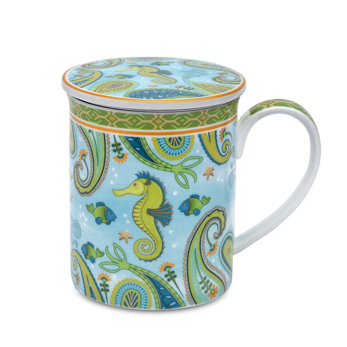 TeaLogic Tasse Sieglinde Seepferdchen XL Teetasse mit Sieb und Deckel 0,5L, 3-tlg