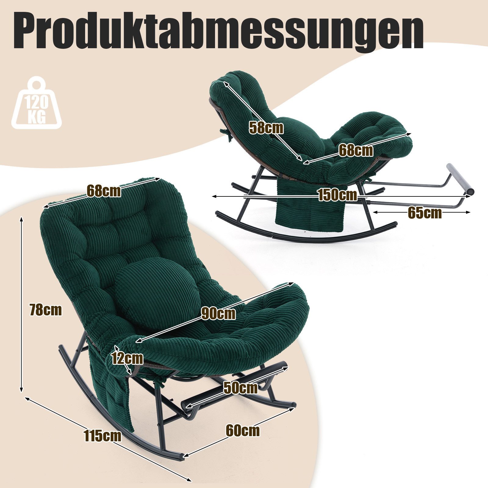 LVHOM Schaukelstuhl mit ausziehbarer Fußstütze, gepolstertem Kissen, Metallgestell (Armlehnenloses Monddesign, Seitentaschen,ein rundes Zierkissen, ergonomisches Design, Sitzmöbel/Liegeschaukel/Relaxsessel/Wohnaccessoire, 120kg Tragfähigkeit), Ideal für Wohnzimmer, Schlafzimmer, Spielzimmer, Arbeitszimmer, Garten