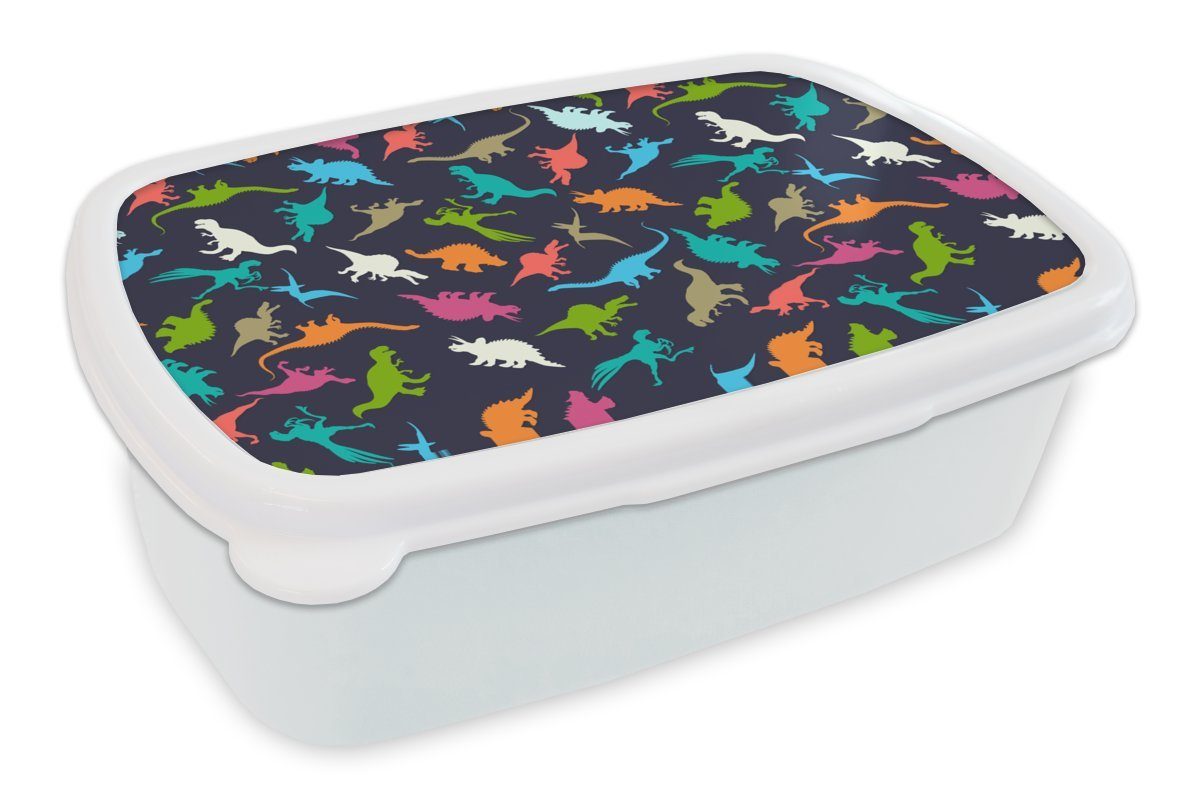 MuchoWow Lunchbox Muster - Dino - Farben - Jungen - Kinder - Kind, Kunststoff, (2-tlg), Brotbox für Kinder und Erwachsene, Brotdose, für Jungs und Mädchen weiß