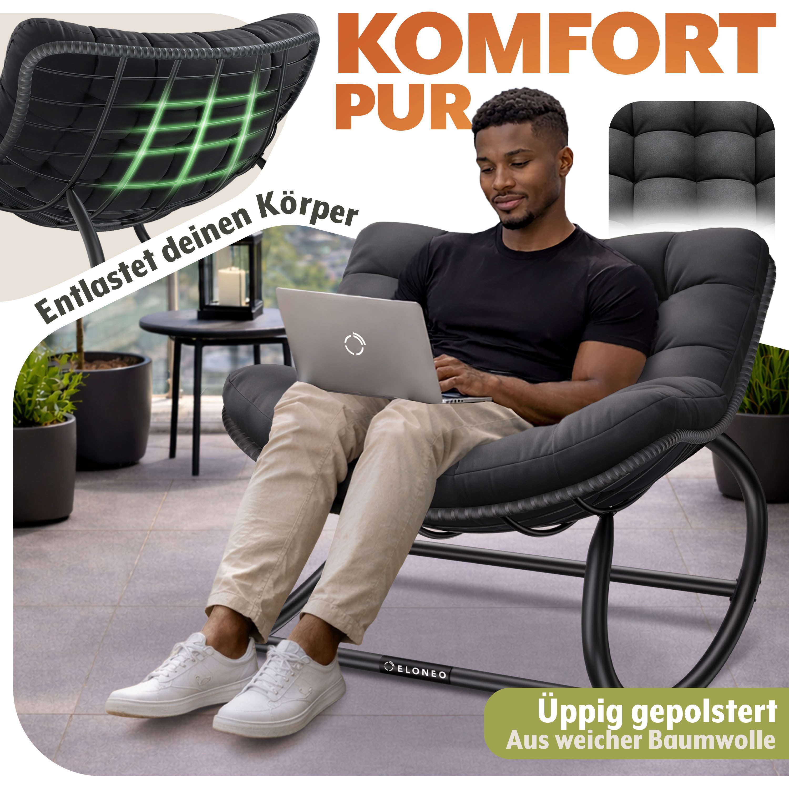 ELONEO Schaukelstuhl – Relax Schaukelsessel für Garten & Balkon (kippsicher, max. Belastung 120kg, witterungsbeständig), ergonomischer Loungesessel / Relaxsessel für Garten & Wohnzimmer