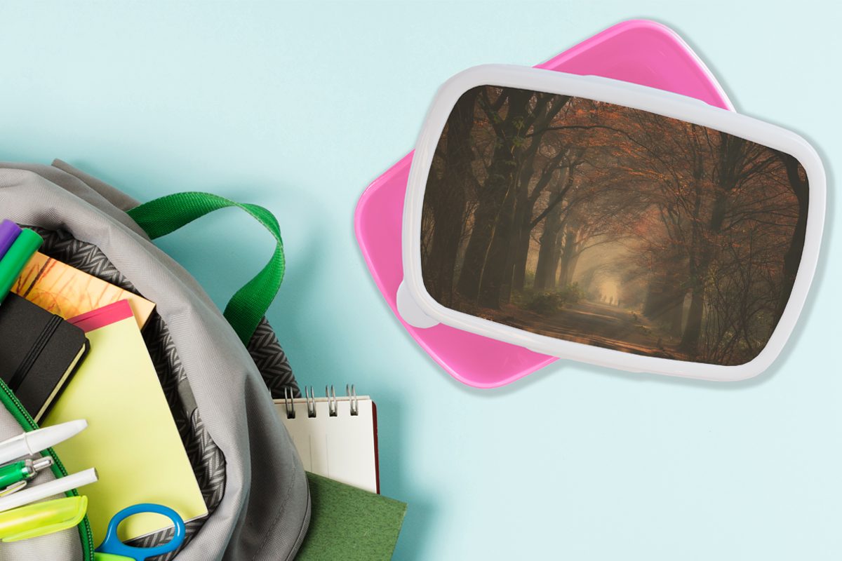 rosa Waldweg Natur, - Erwachsene, und - für Kunststoff, Kinder, MuchoWow Pflanzen Brotdose Wald Brotbox Kunststoff Mädchen, Bäume Snackbox, - - Herbst Lunchbox (2-tlg),