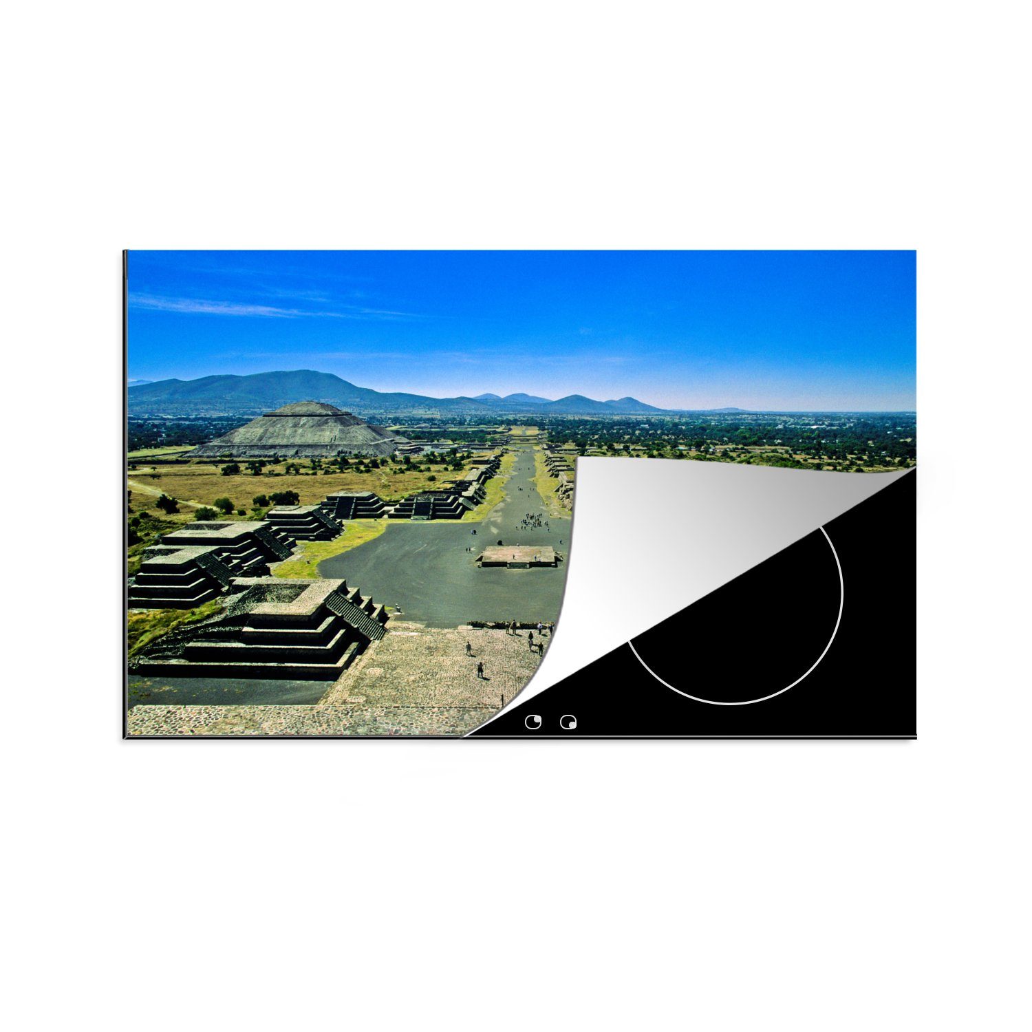 MuchoWow Herdblende-/Abdeckplatte Ansicht der Pyramiden und Ritualbauten in Teotihuacán in Mexiko, Vinyl, (1 tlg), 81x52 cm, Induktionskochfeld Schutz für die küche, Ceranfeldabdeckung