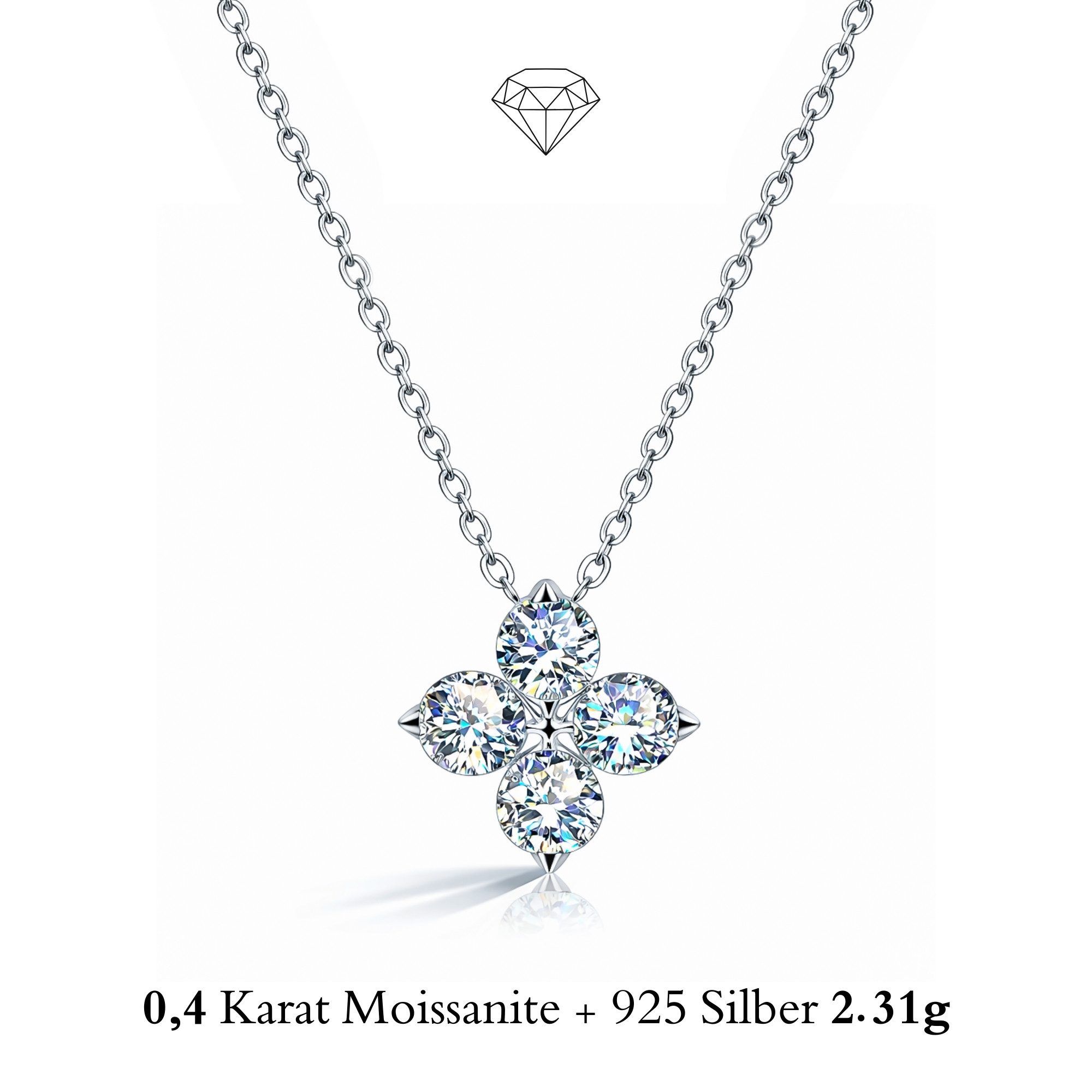 UNIQAL.de Silberkette Damen 925 Silber mit Diamant Moissanit 0,40 Karat - Kleeblatt (Silberkette mit floralem Moissanit Anhänger, 925 Sterling Silber weißgold oder 14K gold veredelt, inkl. Luxuriöse Schmuck Geschenkbox), Moissanit VVS1 Reinheit, GRA-Zerti