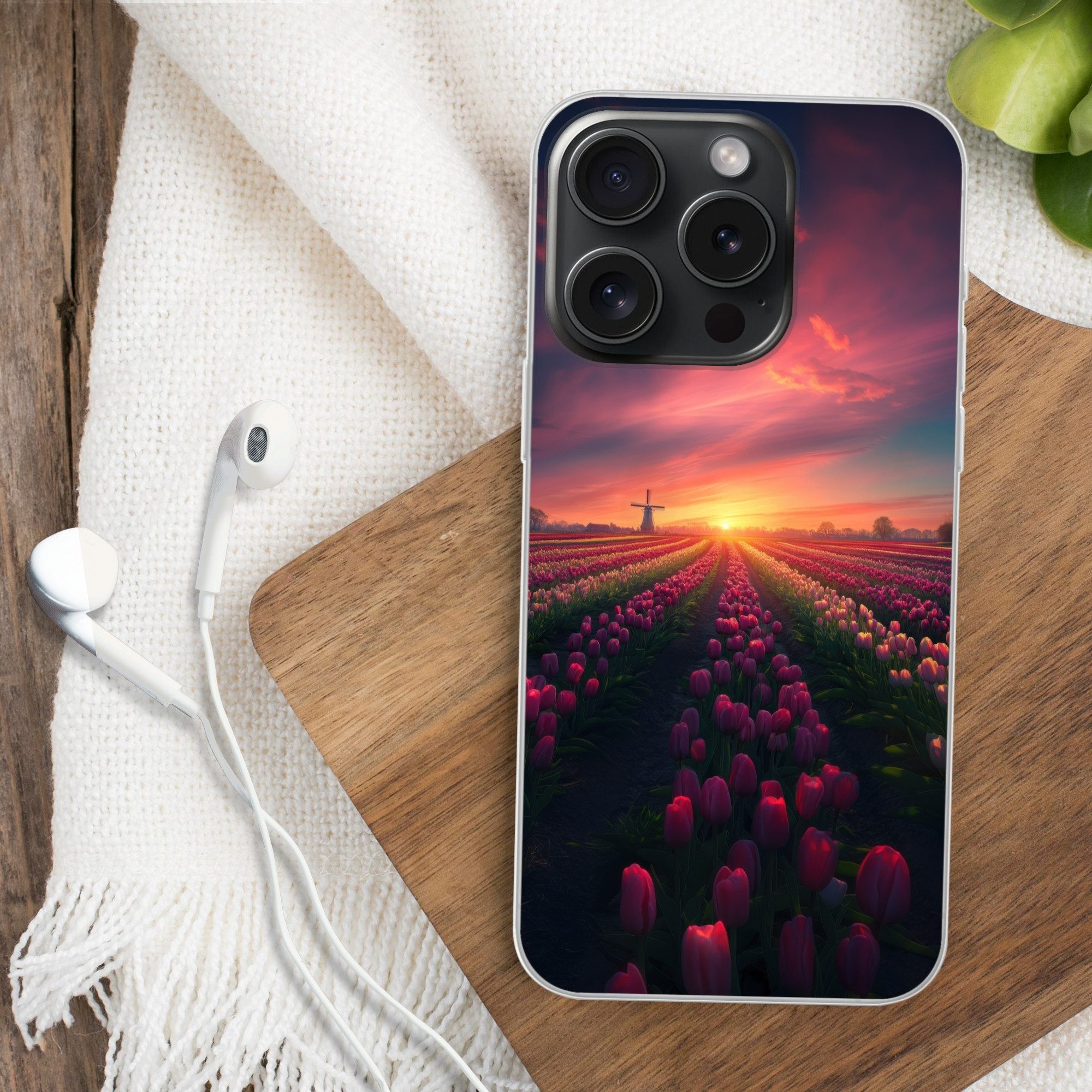 MuchoWow Handyhülle für Apple iPhone 15 Pro Windmühle - Sonnenuntergang - Landschaft, Smartphone-Bumper, Print, Handy Schutzhülle Dünn